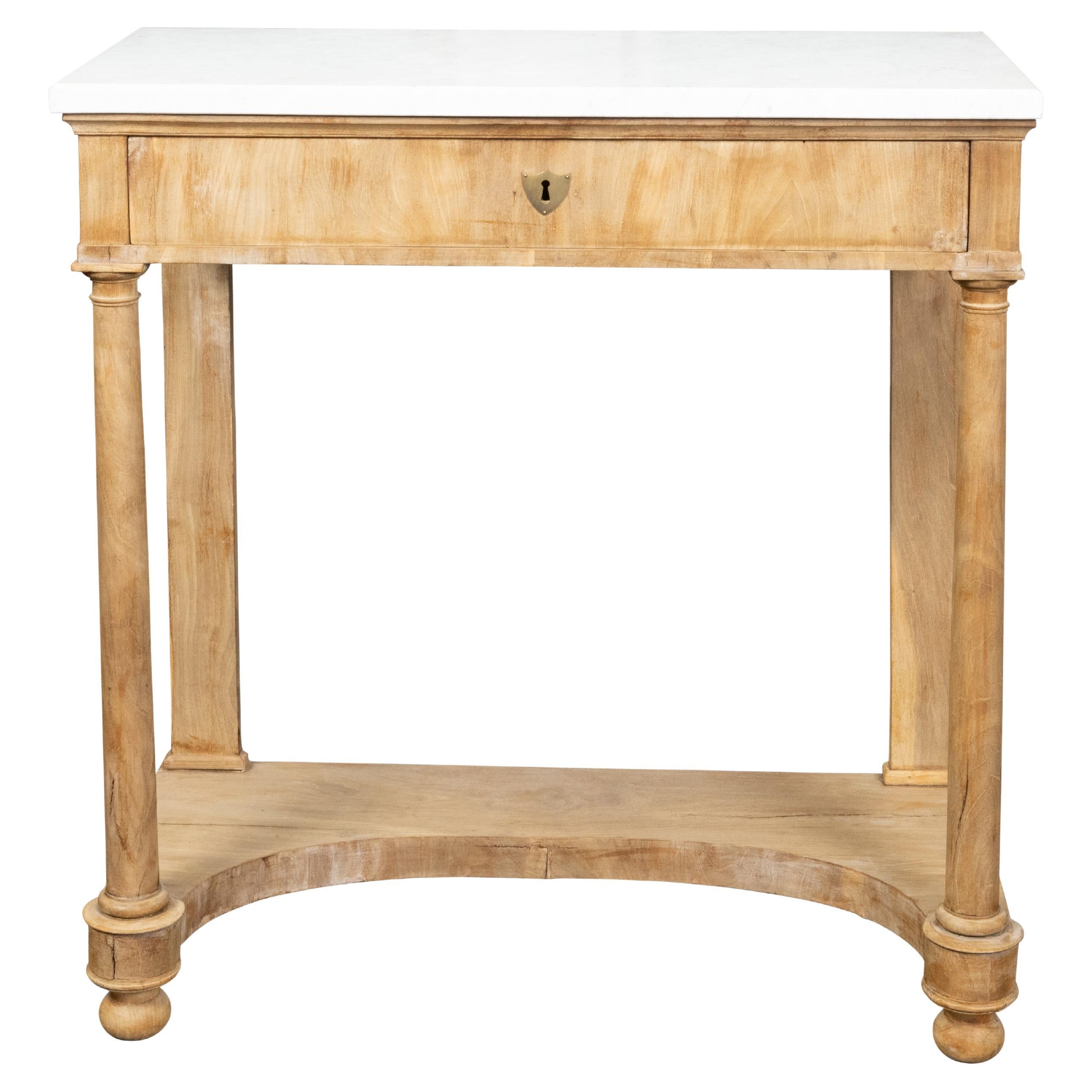 French 19th Century Bleached Walnut Console Table with White Marble Top For Sale
