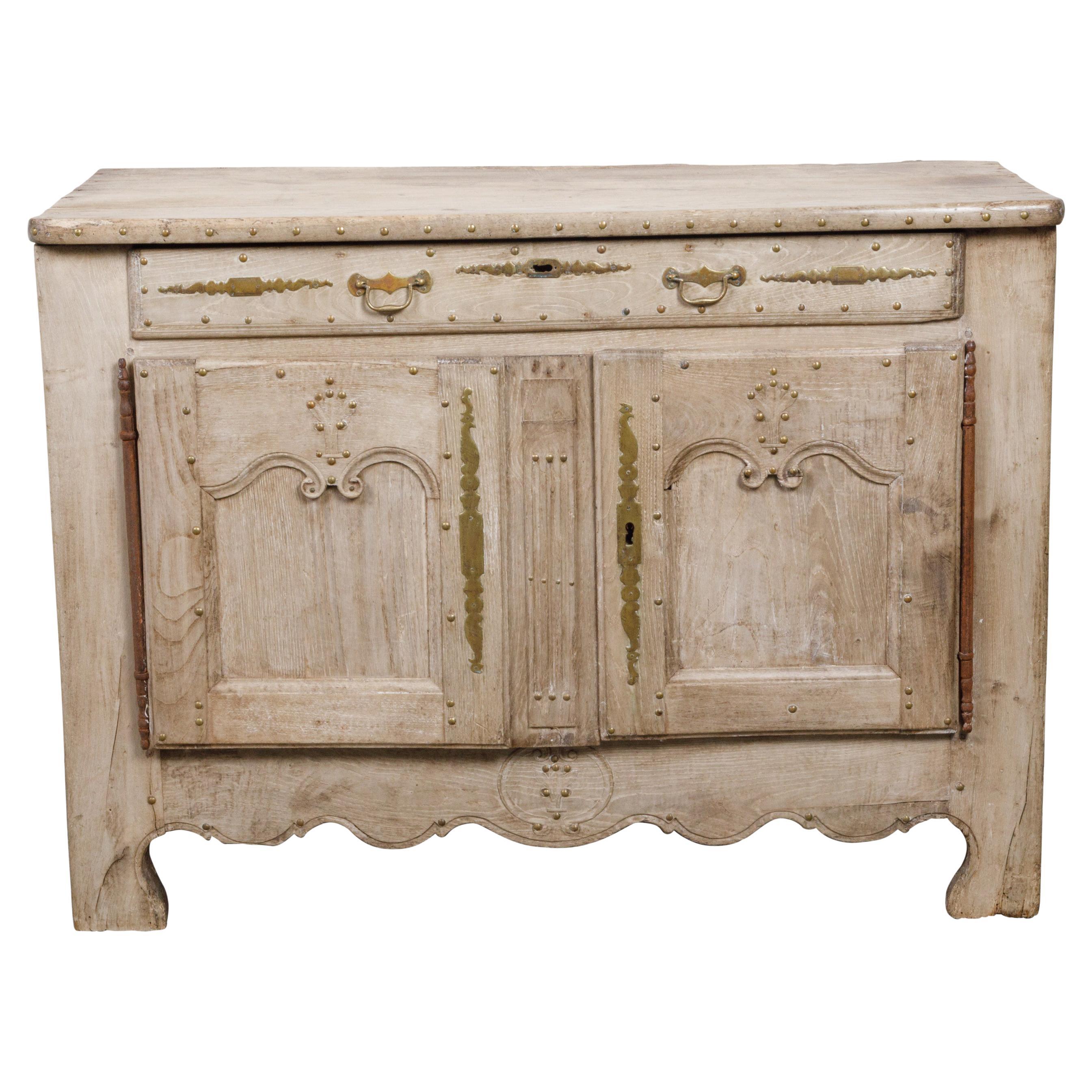 French 19th Century Bleached Wood Buffet with Brass Studs and Weathered Patina For Sale