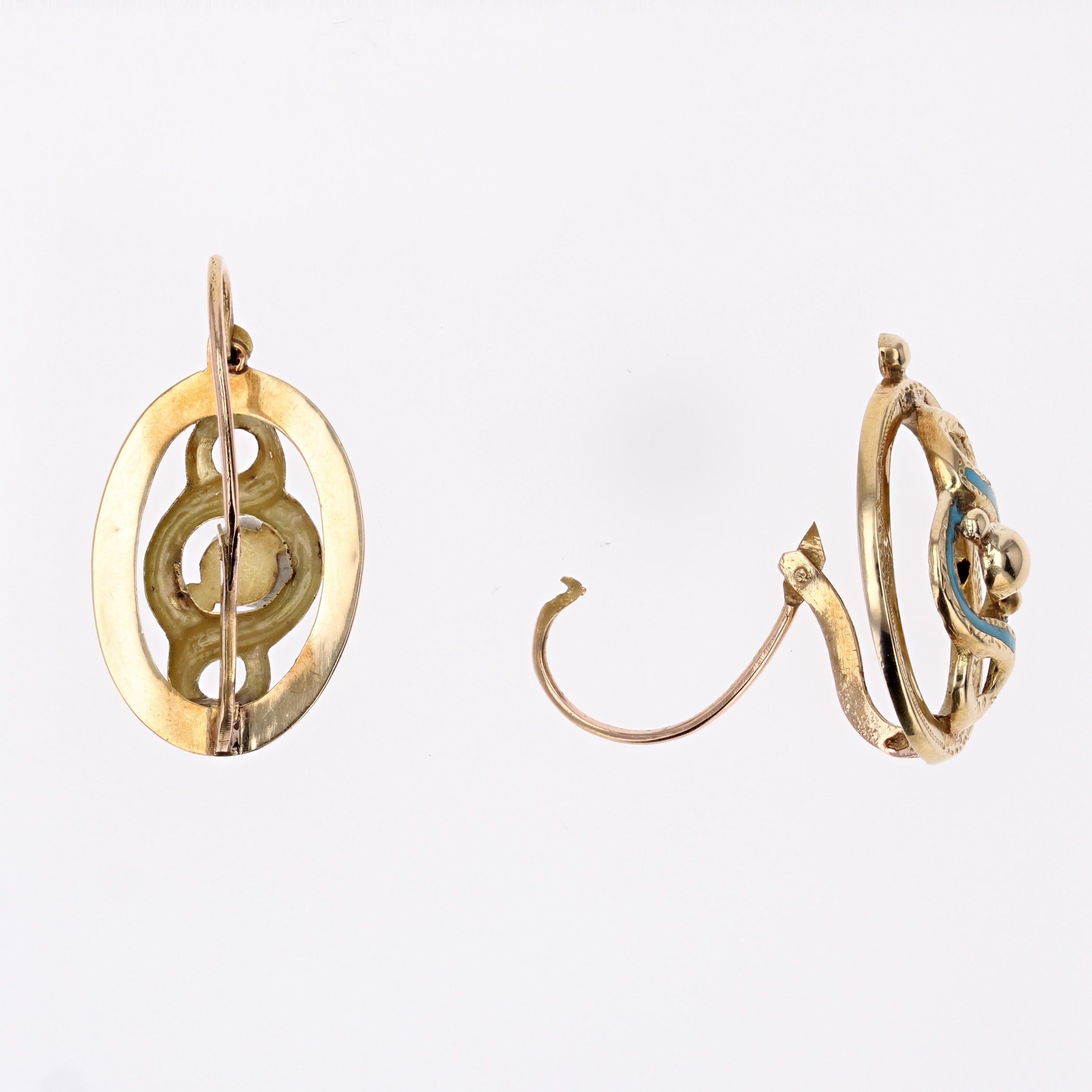 French 19th Century Blue Enamel 18 Karat Yellow Gold Lever- Back Earrings For Sale 5