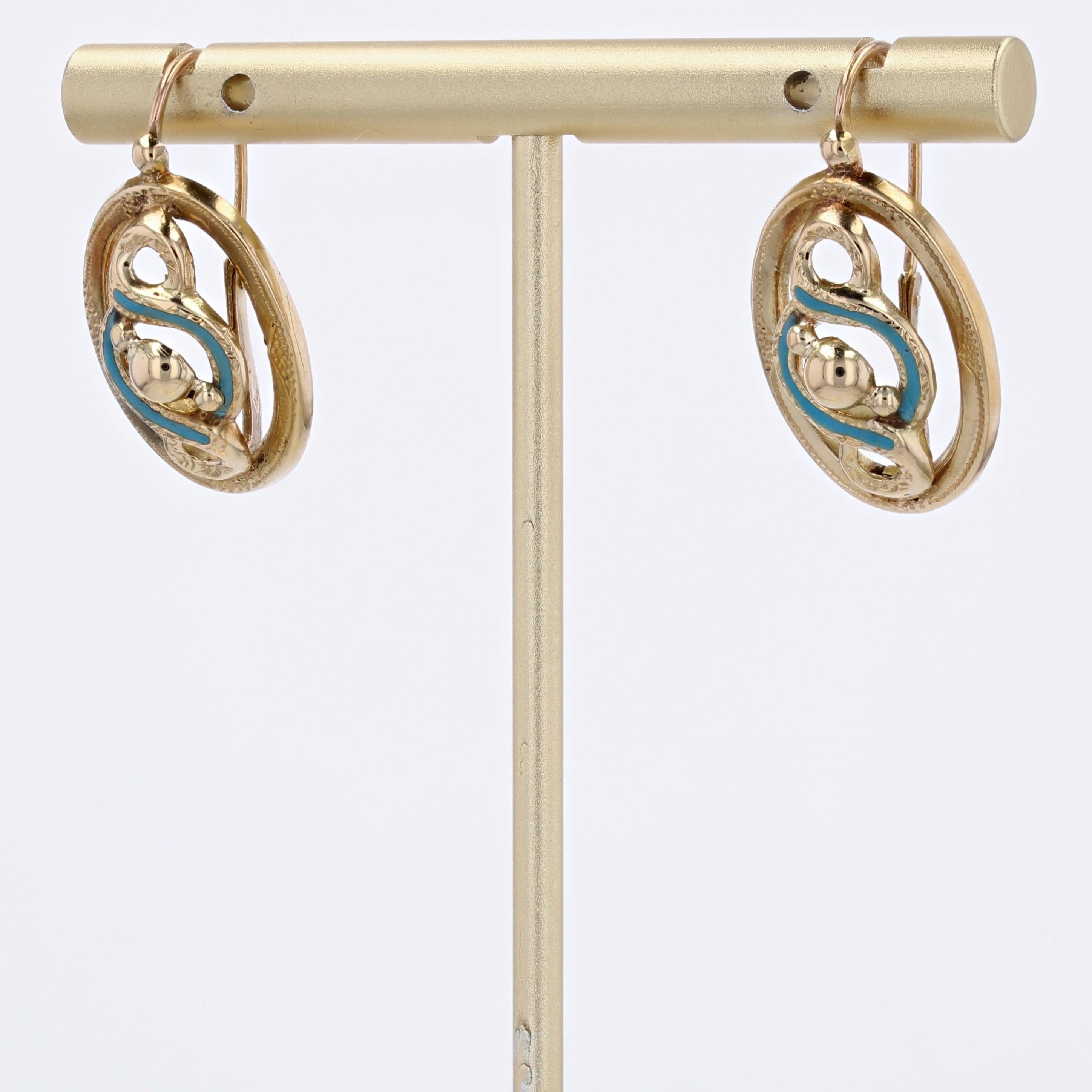 French 19th Century Blue Enamel 18 Karat Yellow Gold Lever- Back Earrings In Good Condition For Sale In Poitiers, FR