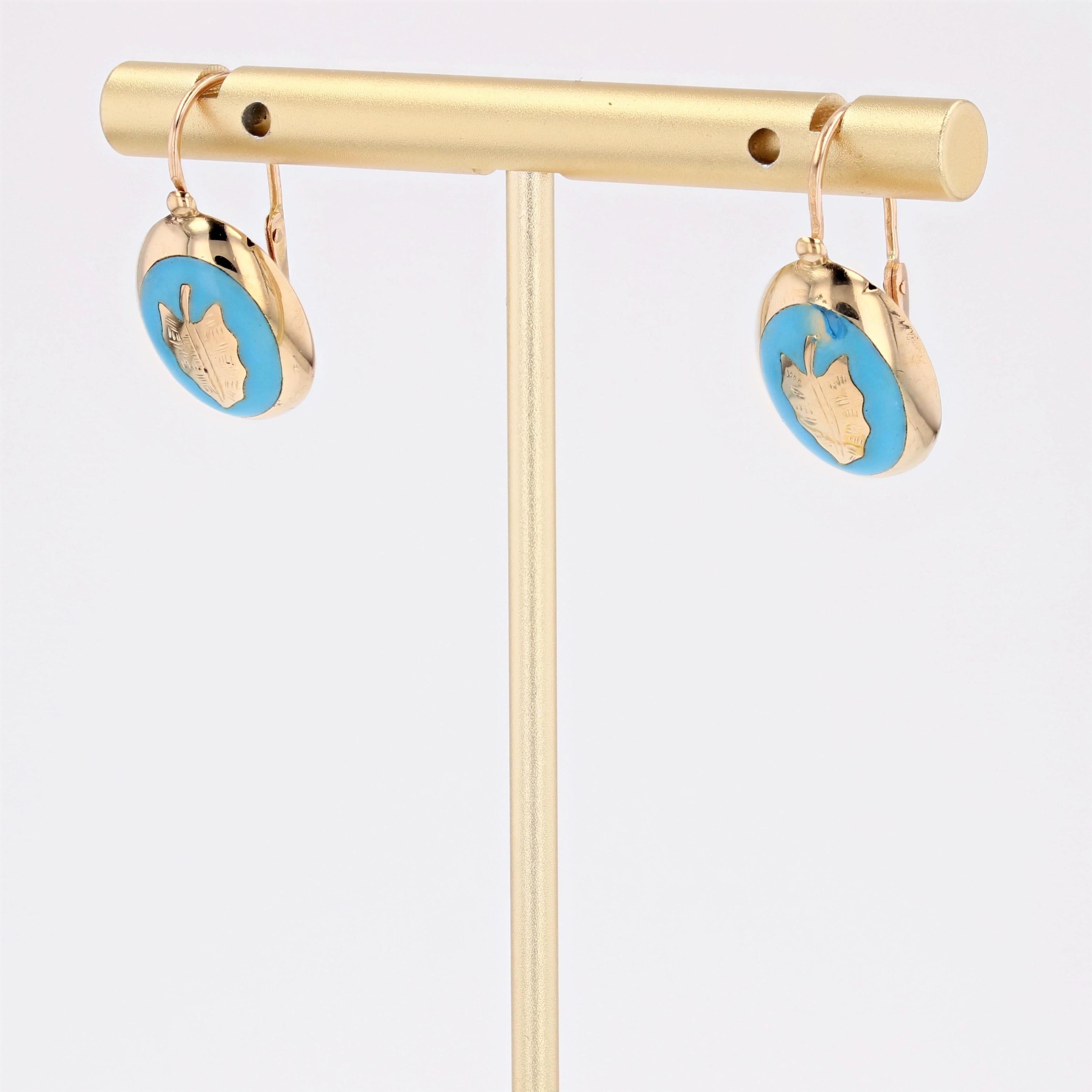 Boucles d'oreilles en or jaune 18 carats, émaillées de bleu, datant du 19e siècle. Pour femmes en vente