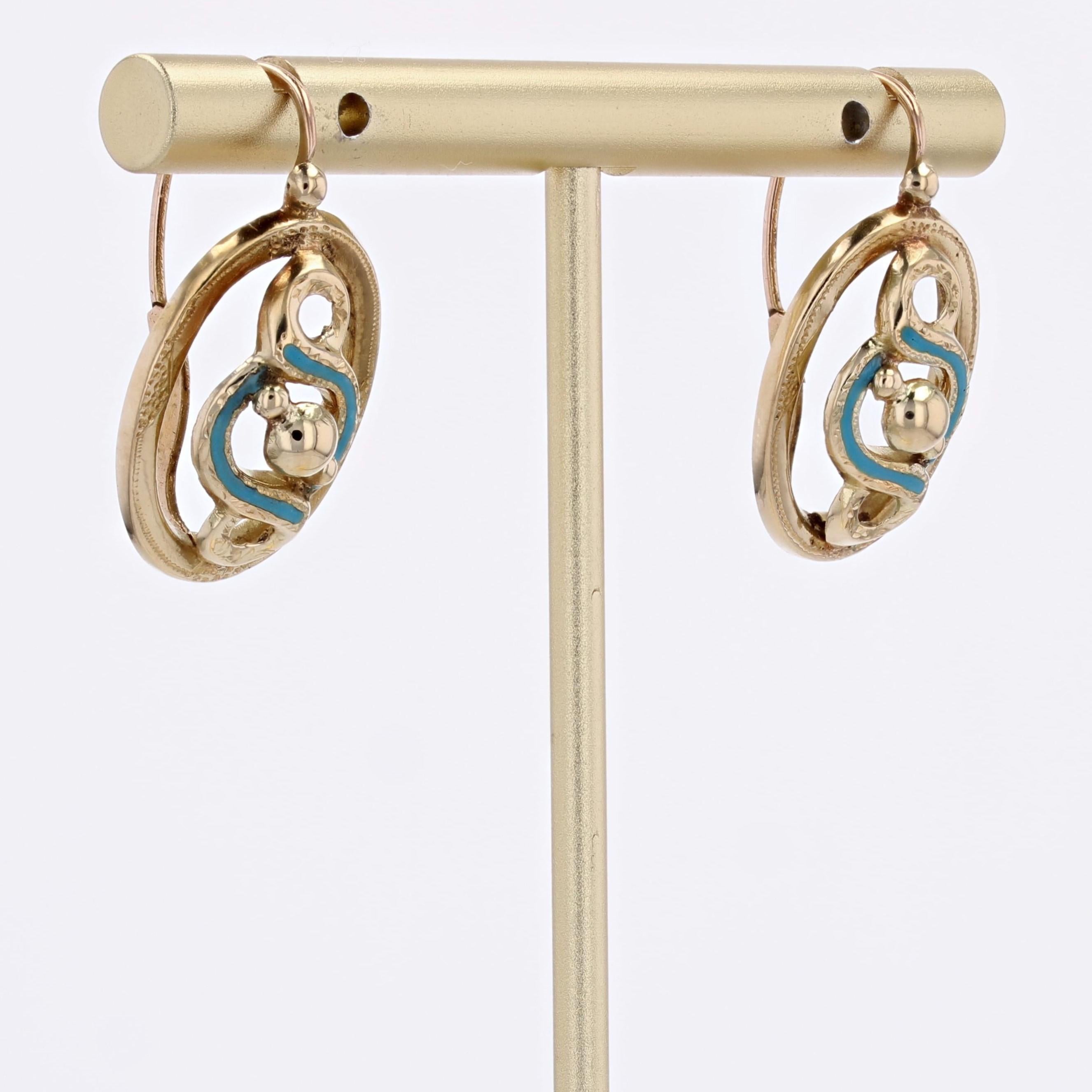 Women's French 19th Century Blue Enamel 18 Karat Yellow Gold Lever- Back Earrings For Sale