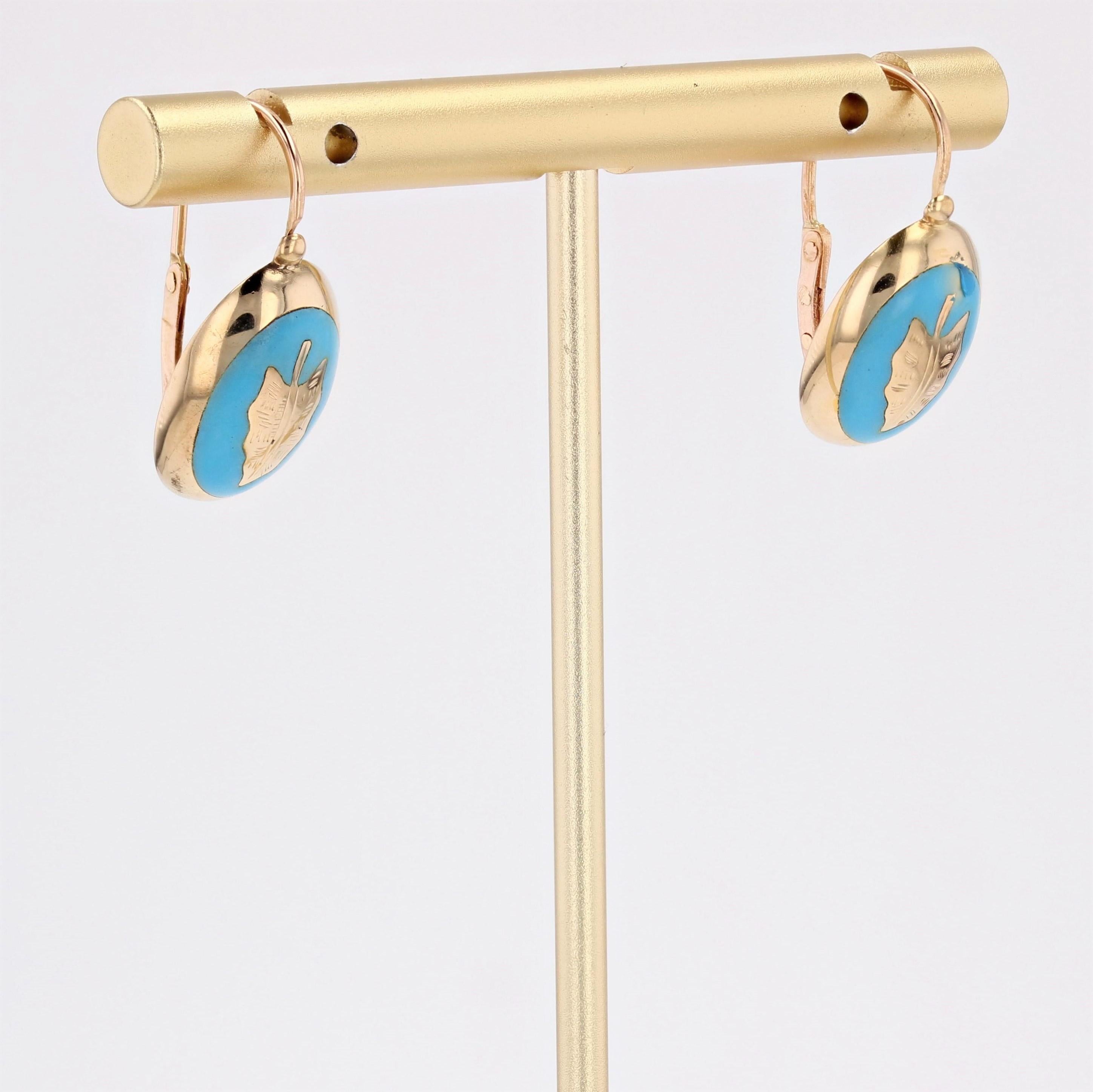 Französische blaue Emaille-Ohrringe aus 18 Karat Gelbgold mit Hebelverschluss aus dem 19. Jahrhundert im Angebot 1