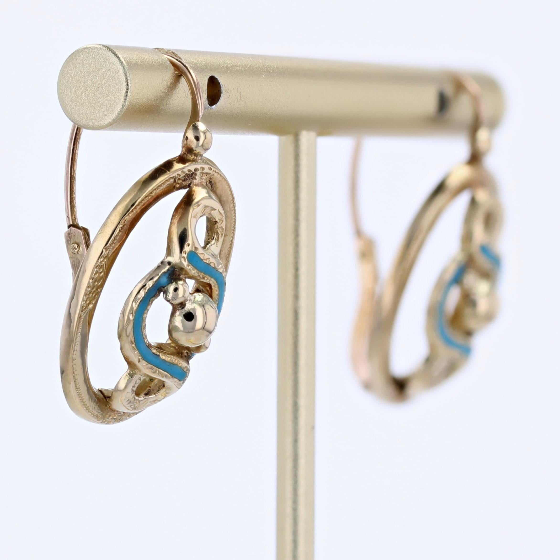 French 19th Century Blue Enamel 18 Karat Yellow Gold Lever- Back Earrings For Sale 1
