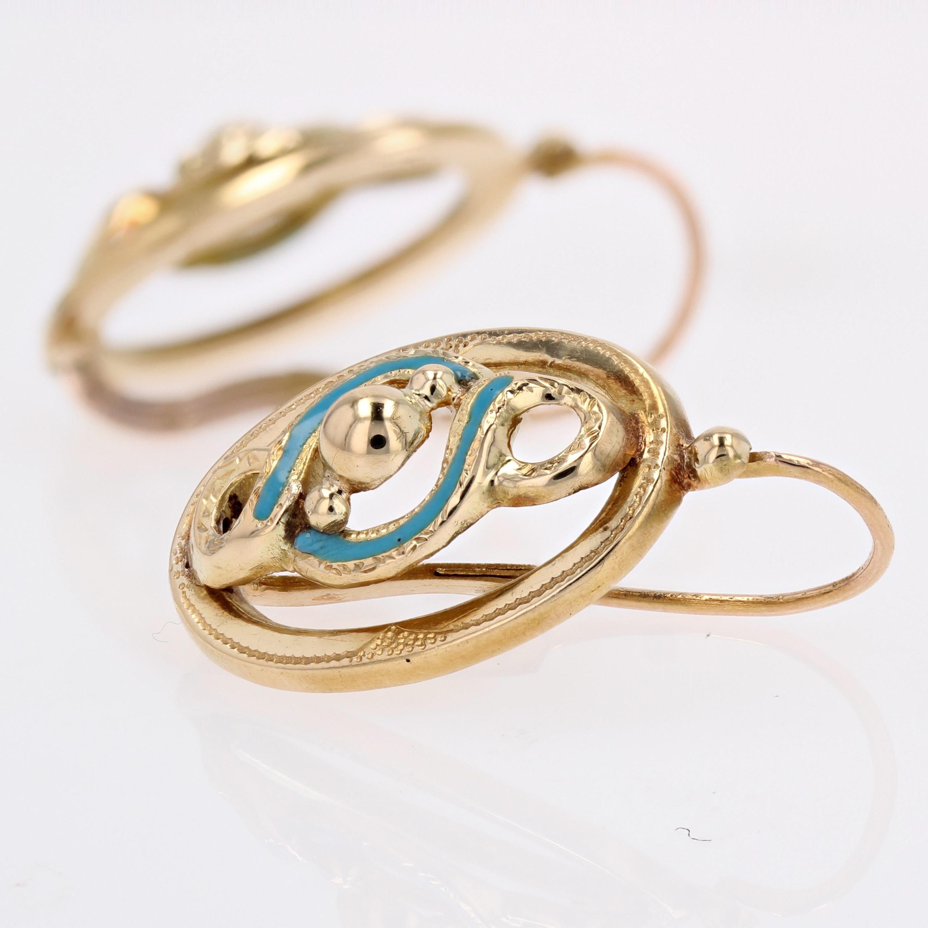 French 19th Century Blue Enamel 18 Karat Yellow Gold Lever- Back Earrings For Sale 2