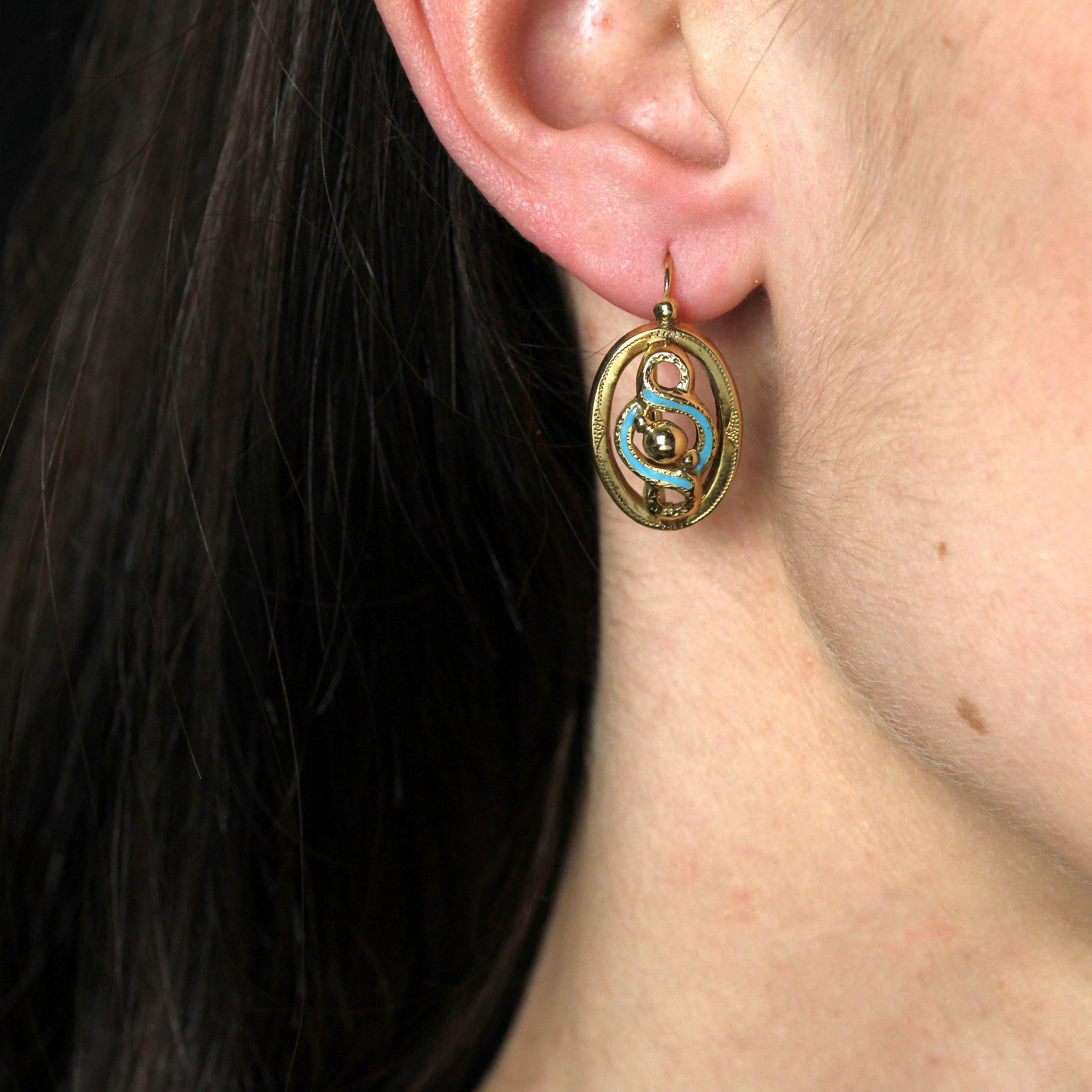 French 19th Century Blue Enamel 18 Karat Yellow Gold Lever- Back Earrings For Sale 4