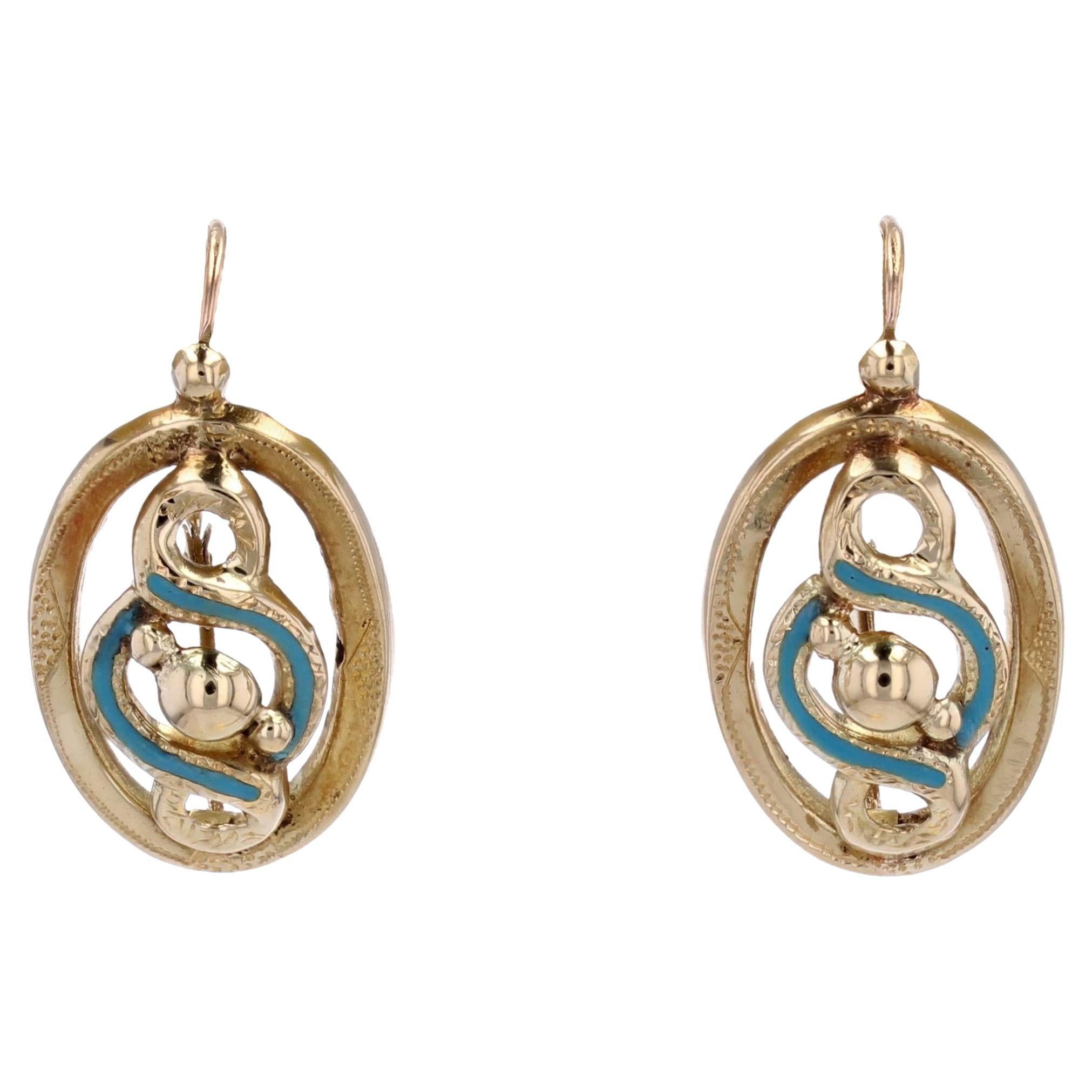 French 19th Century Blue Enamel 18 Karat Yellow Gold Lever- Back Earrings