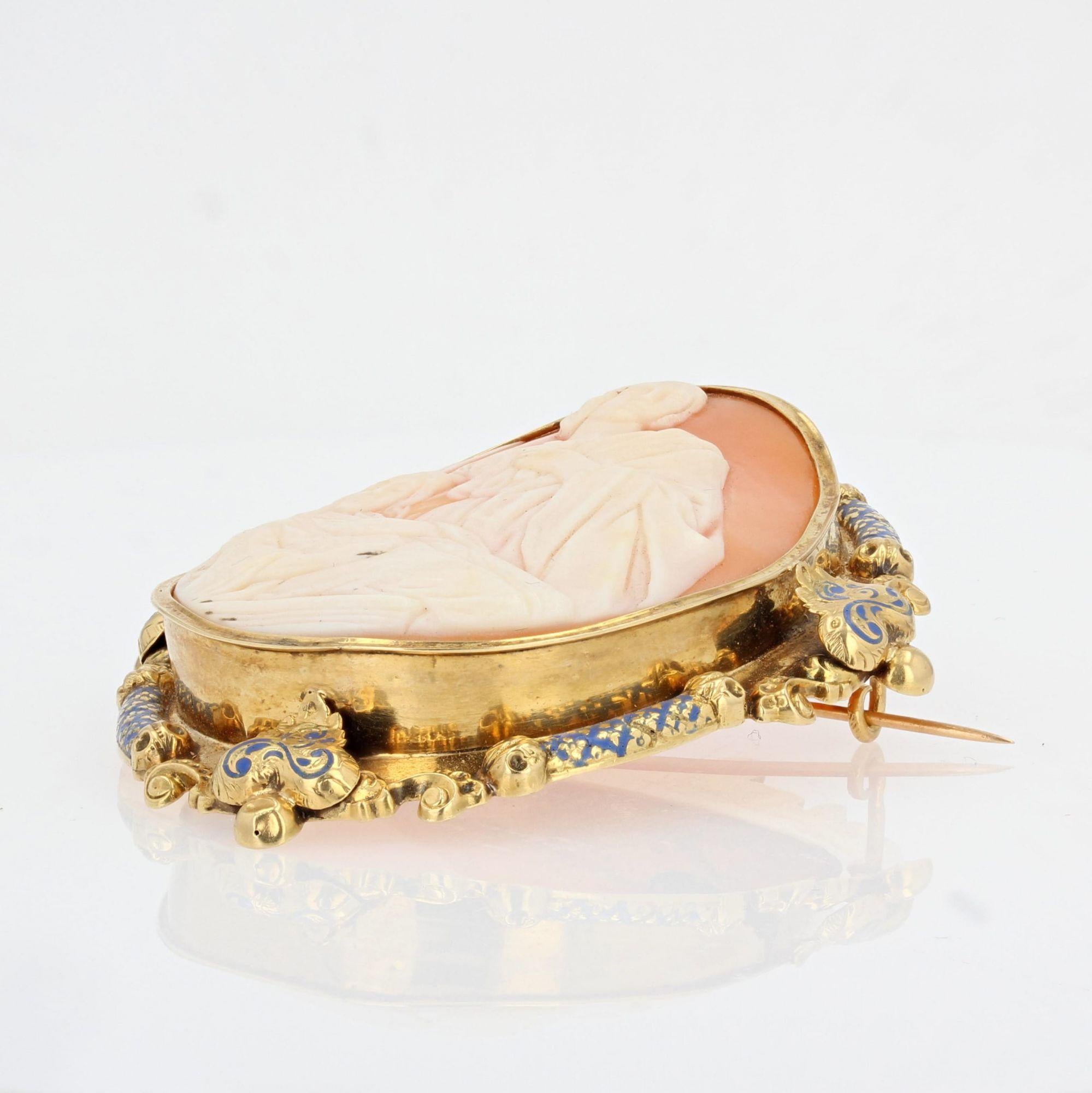 French 19th Century Blue Enamel Cameo 18 Karat Yellow Gold Brooch For Sale 1