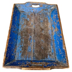 French 19th Century Blue Original Painted Wooden Tray with Handles