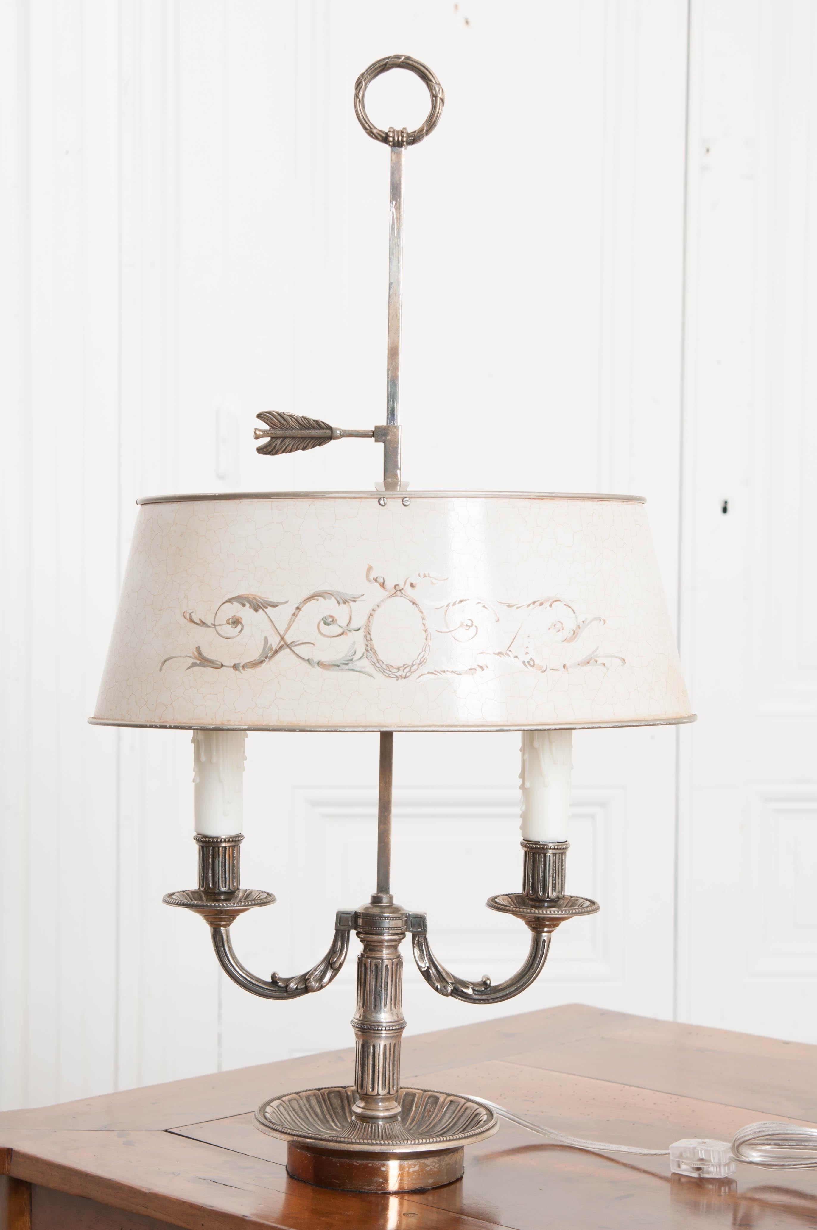 French 19th Century Bouillotte Lamp with Tole Shade In Good Condition In Baton Rouge, LA