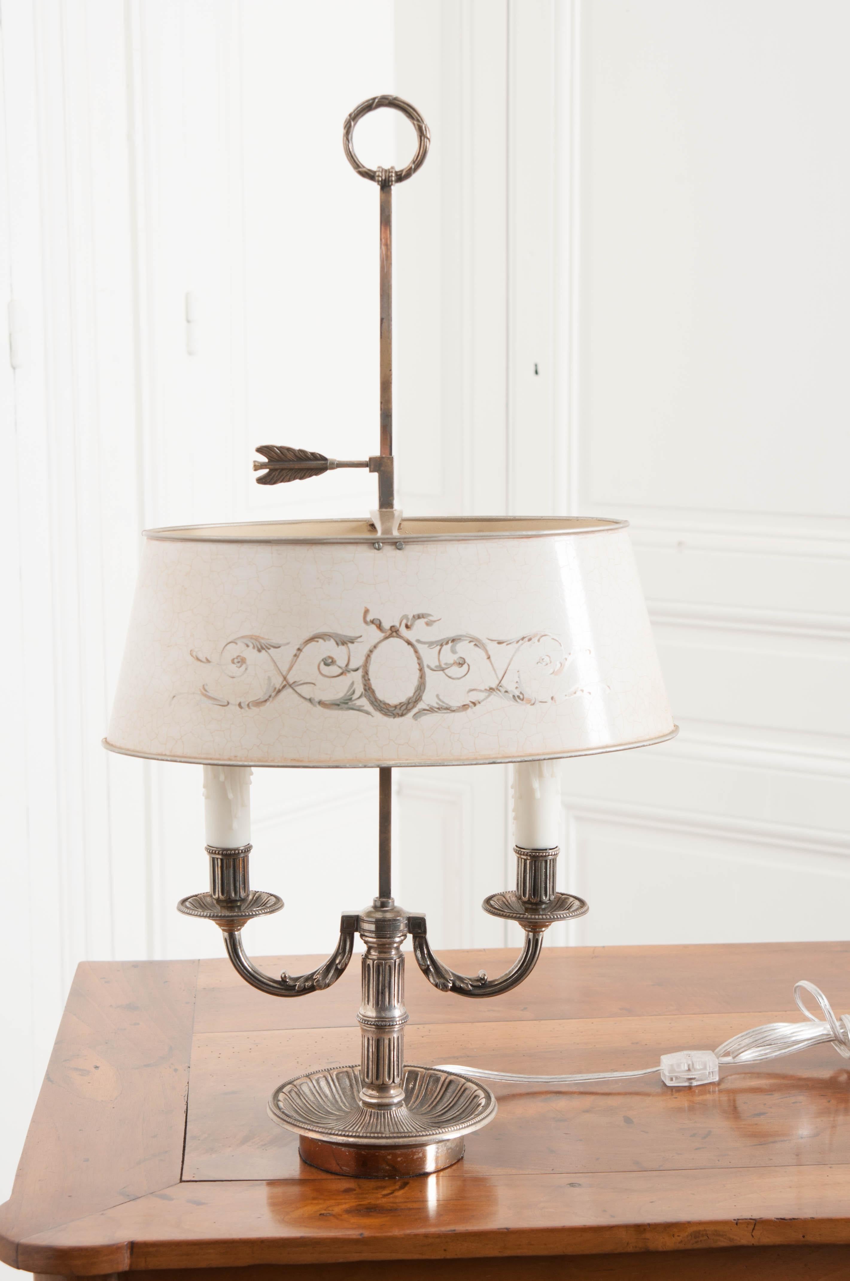 Silver Plate French 19th Century Bouillotte Lamp with Tole Shade