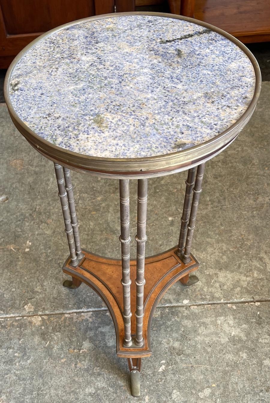 French, 19th Century Bouillotte Round Table with Blue Marble Top And Rosewood In Distressed Condition In Santa Monica, CA