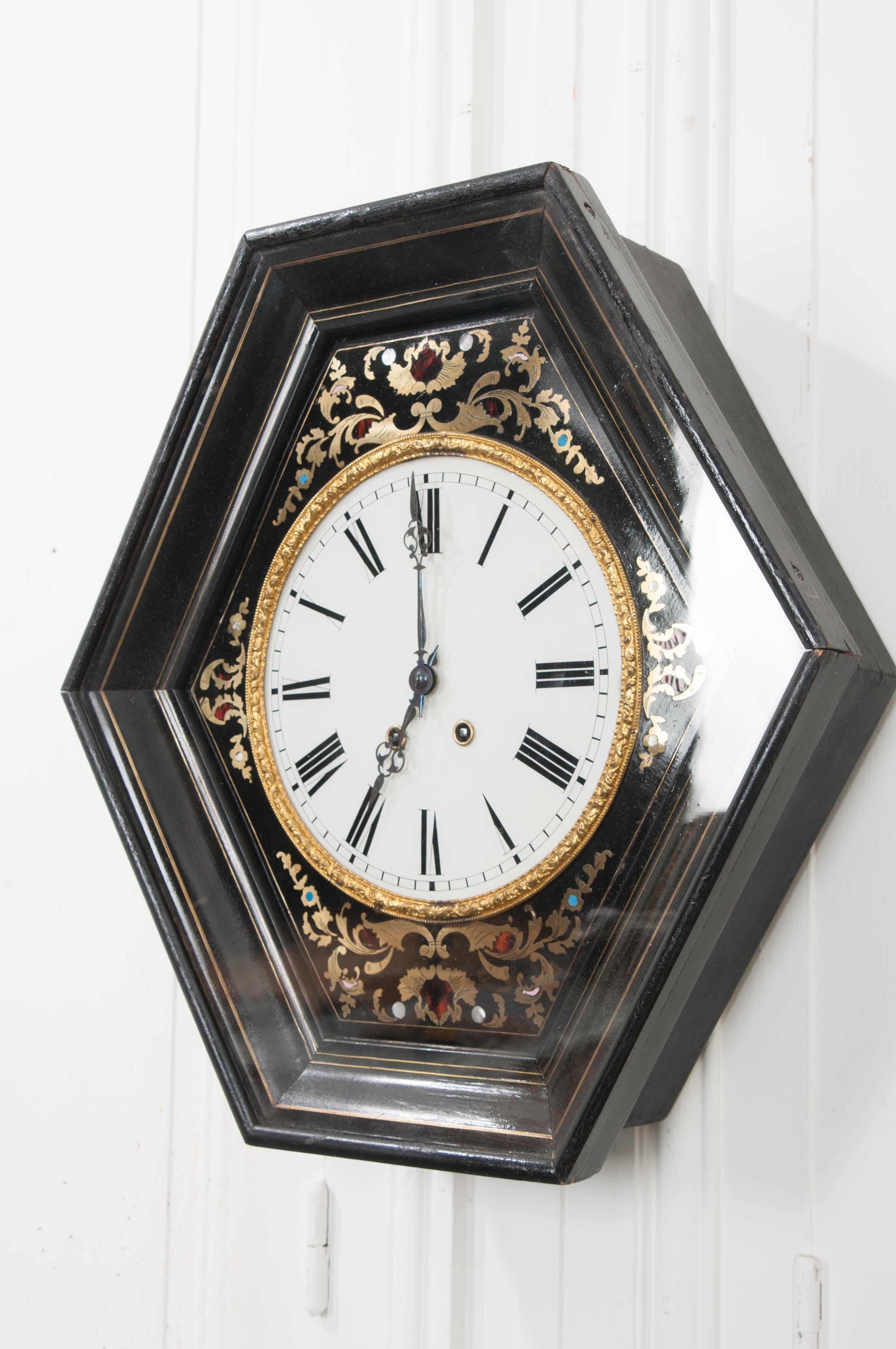 Brass French 19th Century Boulle-Inlaid Hexagonal Wall Clock