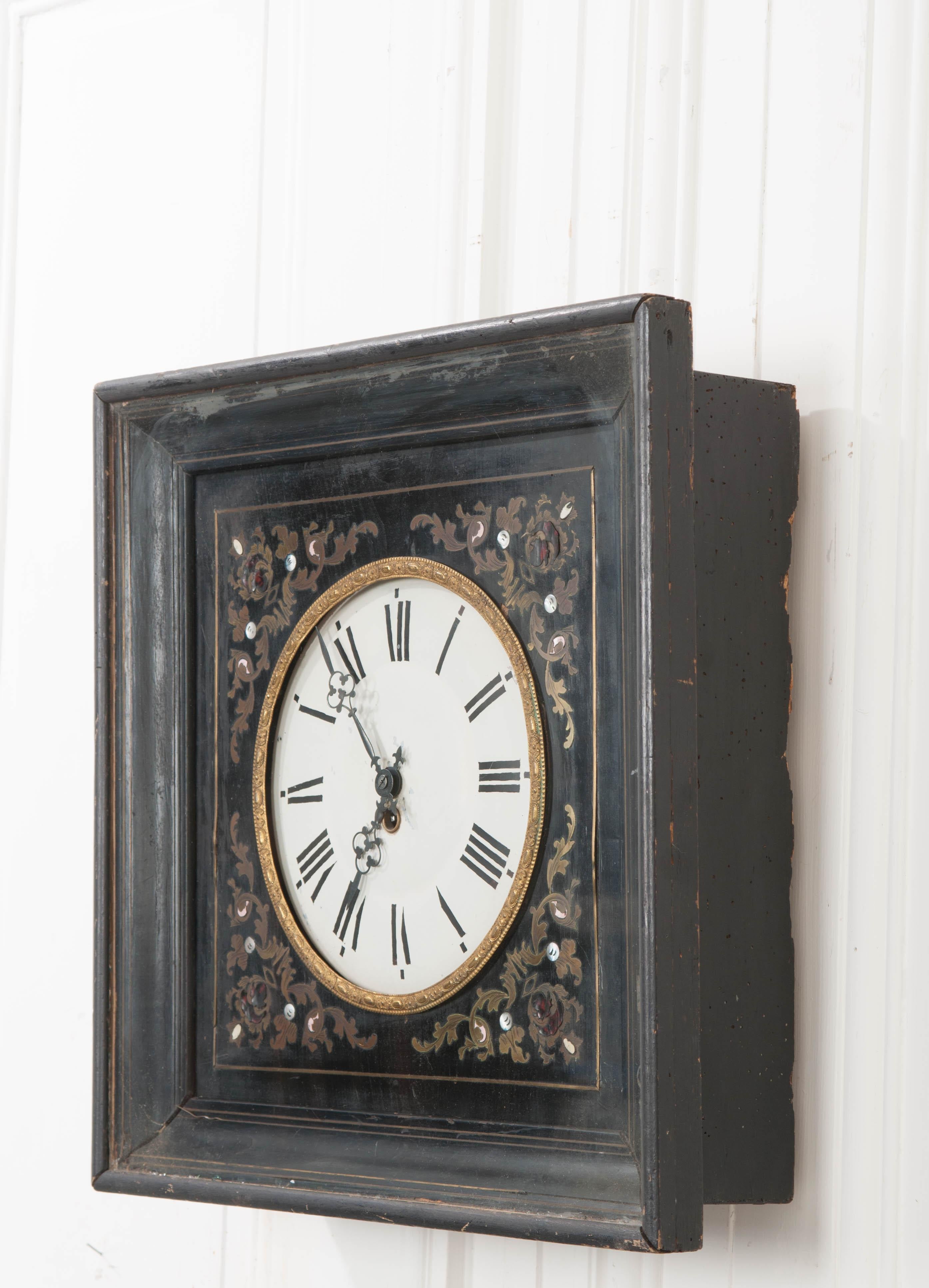 French 19th Century Boulle-Inlaid Wall Clock In Good Condition In Baton Rouge, LA