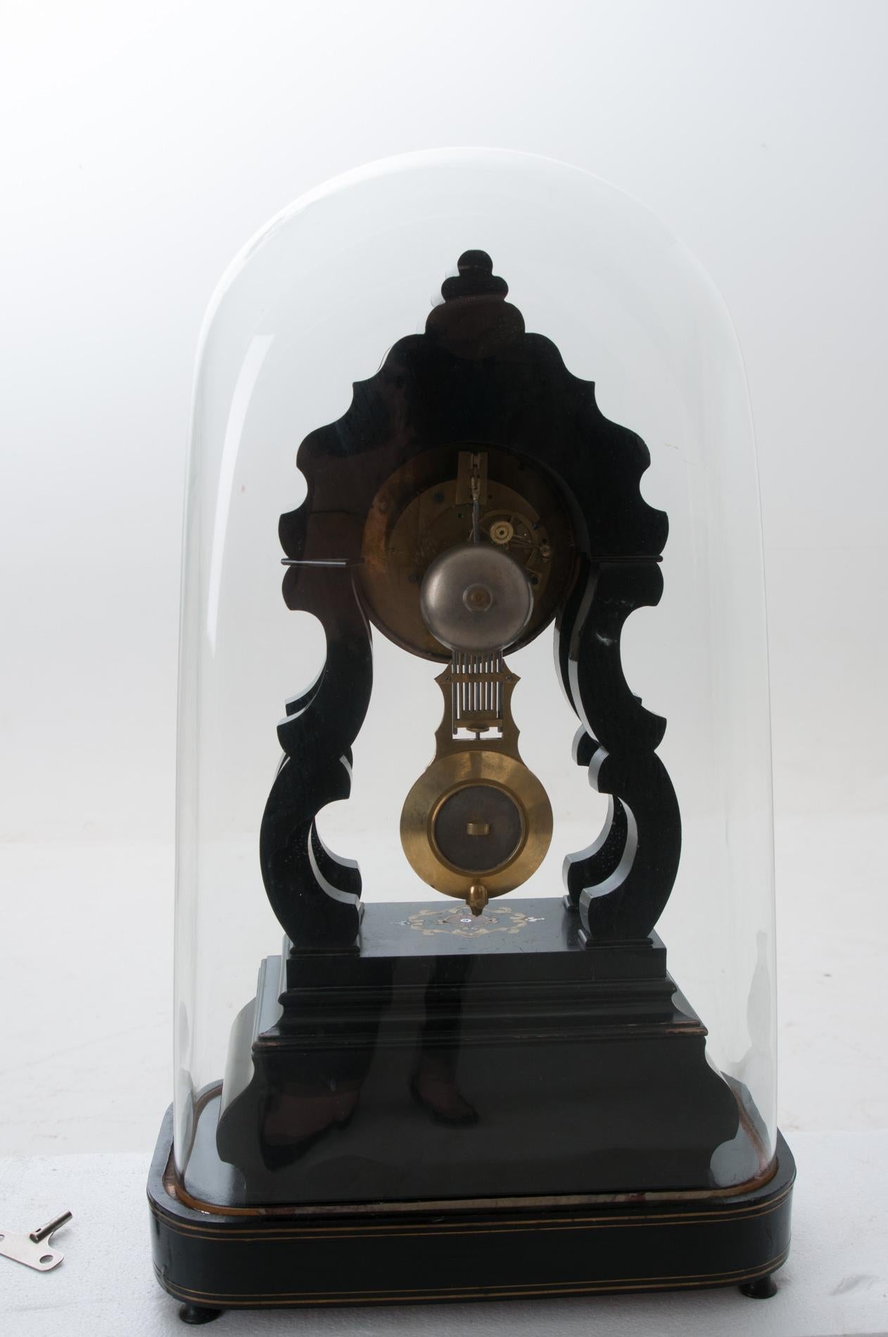 French 19th Century Boulle-Inlay Table Clock Under Glass Dome For Sale 3