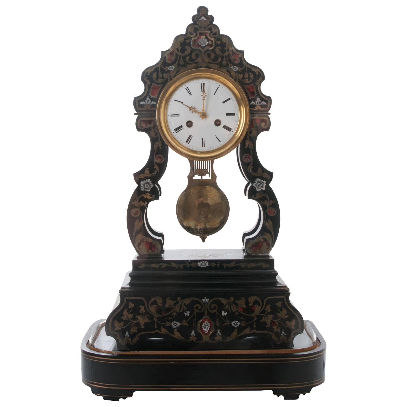 French 19th Century Boulle-Inlay Table Clock Under Glass Dome