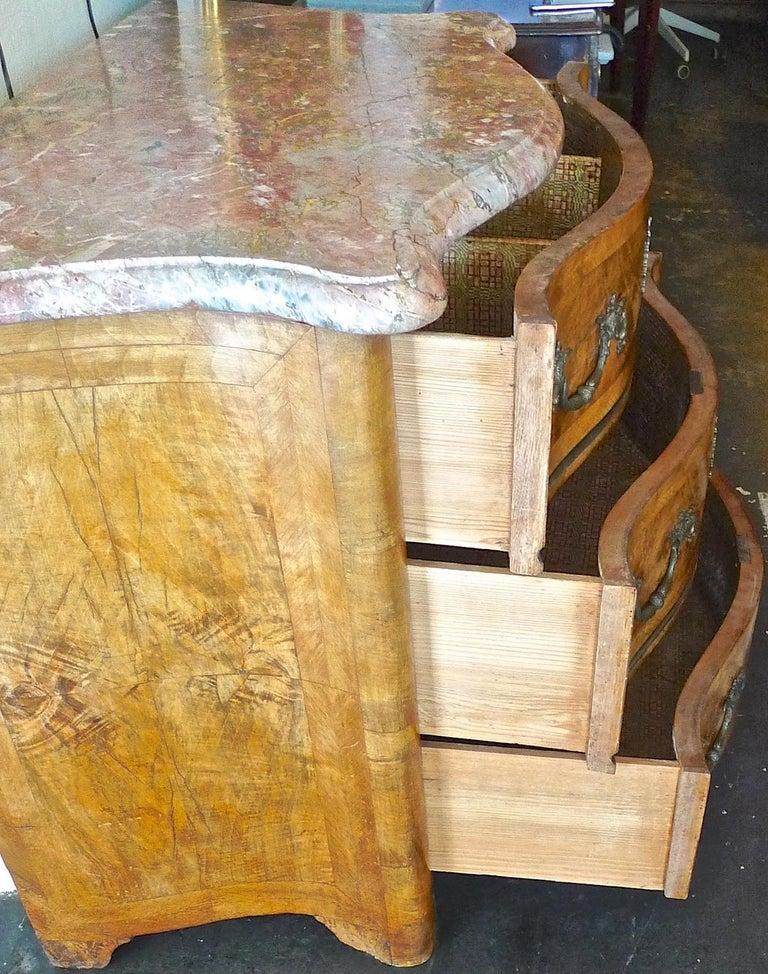 French 19th Century Bow-Fronted Burl Walnut Chest of Drawers with a Marble Top For Sale 14