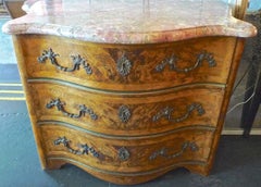 French 19th Century Bow-Fronted Burl Walnut Chest of Drawers with a Marble Top