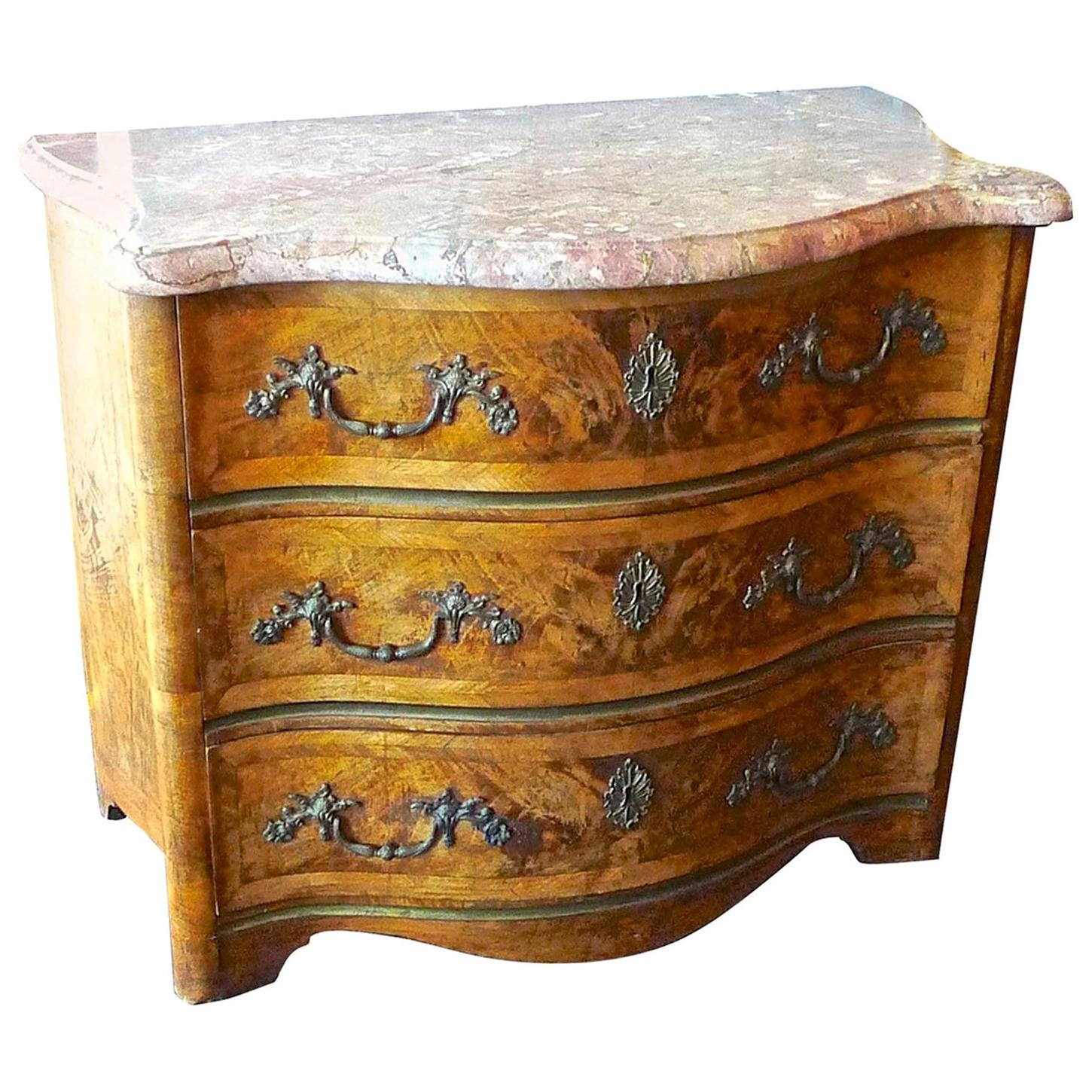 French 19th Century Bow-Fronted Burl Walnut Chest of Drawers with a Marble Top