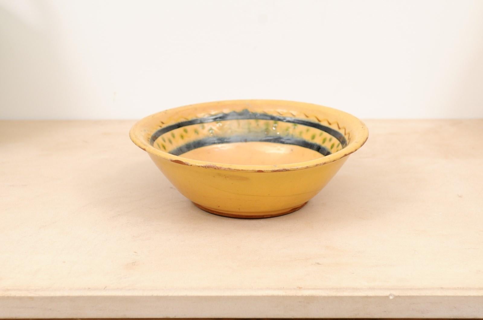 Glazed French 19th Century Bowl from the Poterie Hertz of Annecy, with Yellow Glaze For Sale