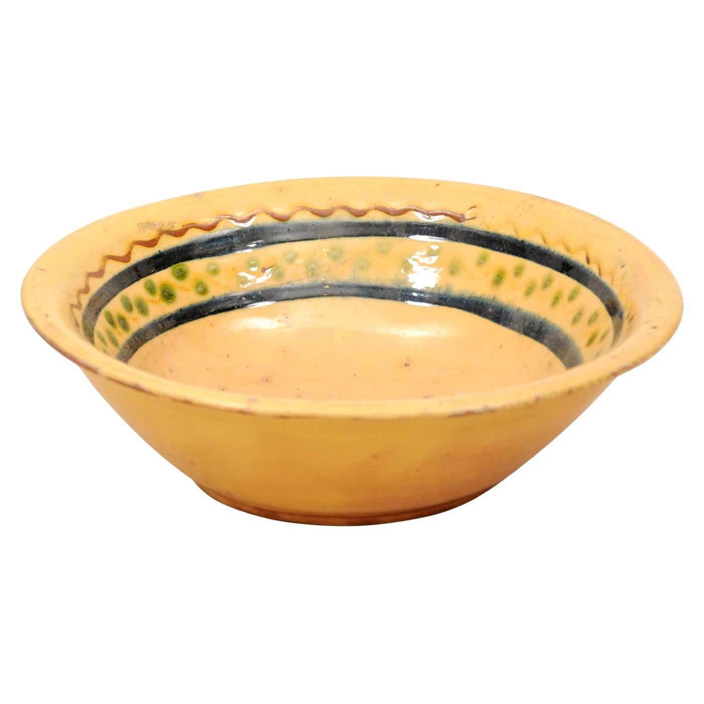 French 19th Century Bowl from the Poterie Hertz of Annecy, with Yellow Glaze