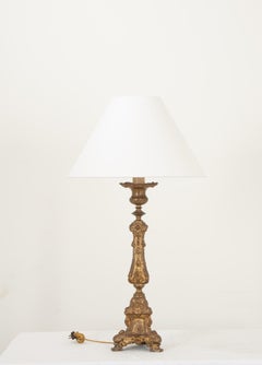 French 19th Century Brass Altar Candlestick Lamp and Shade