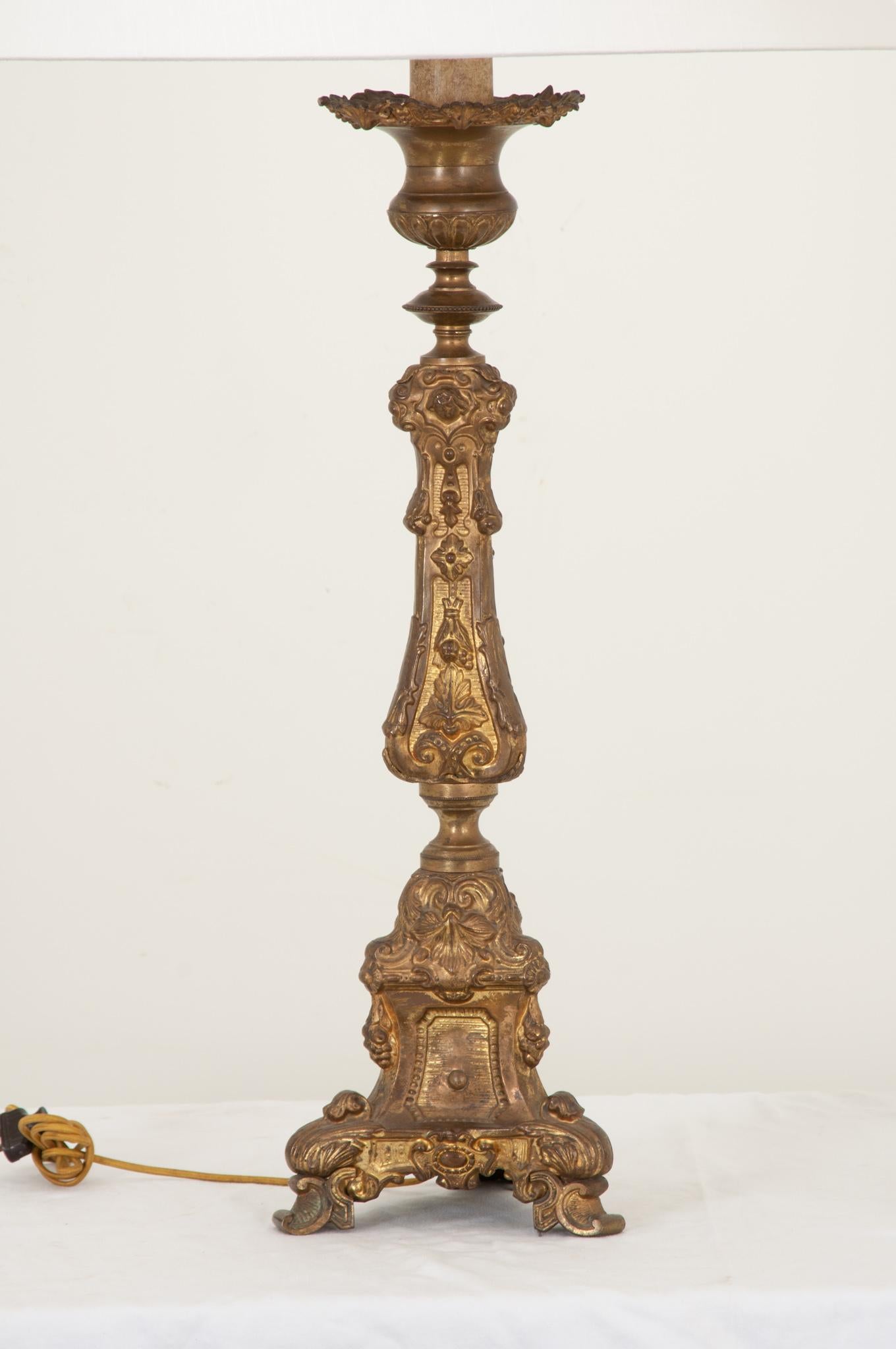 Cast French 19th Century Brass Altar Candlestick Lamp and Shade For Sale