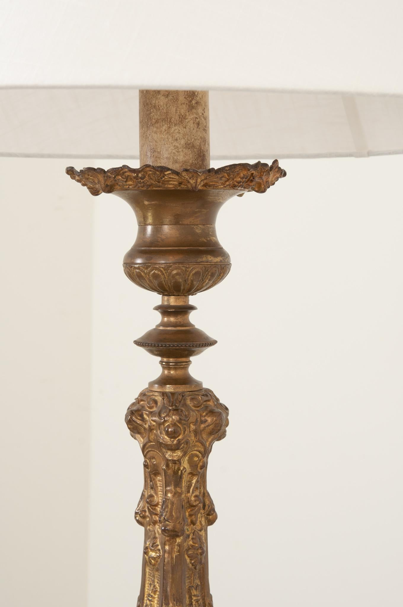 French 19th Century Brass Altar Candlestick Lamp and Shade In Good Condition For Sale In Baton Rouge, LA