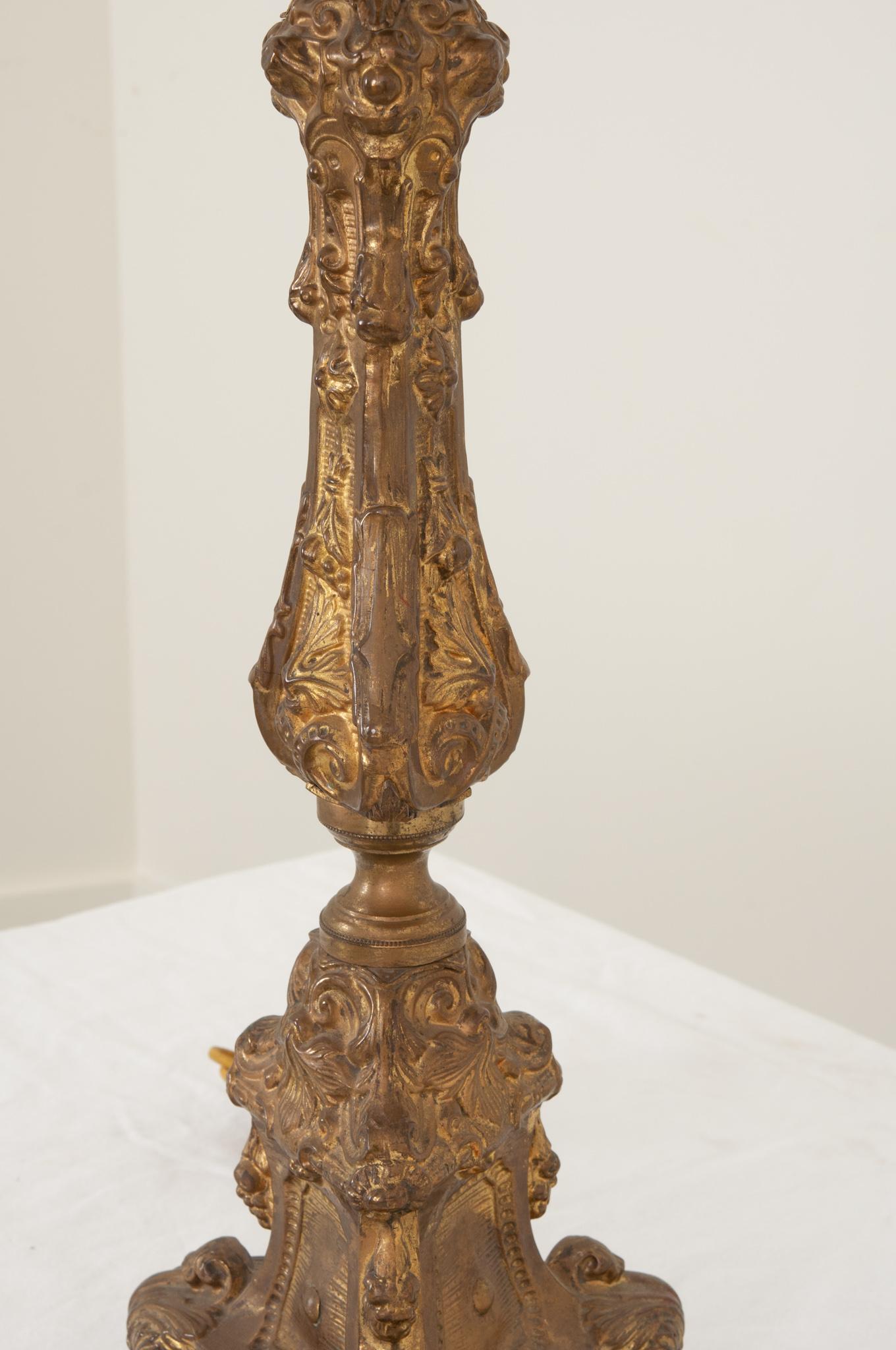 Linen French 19th Century Brass Altar Candlestick Lamp and Shade For Sale