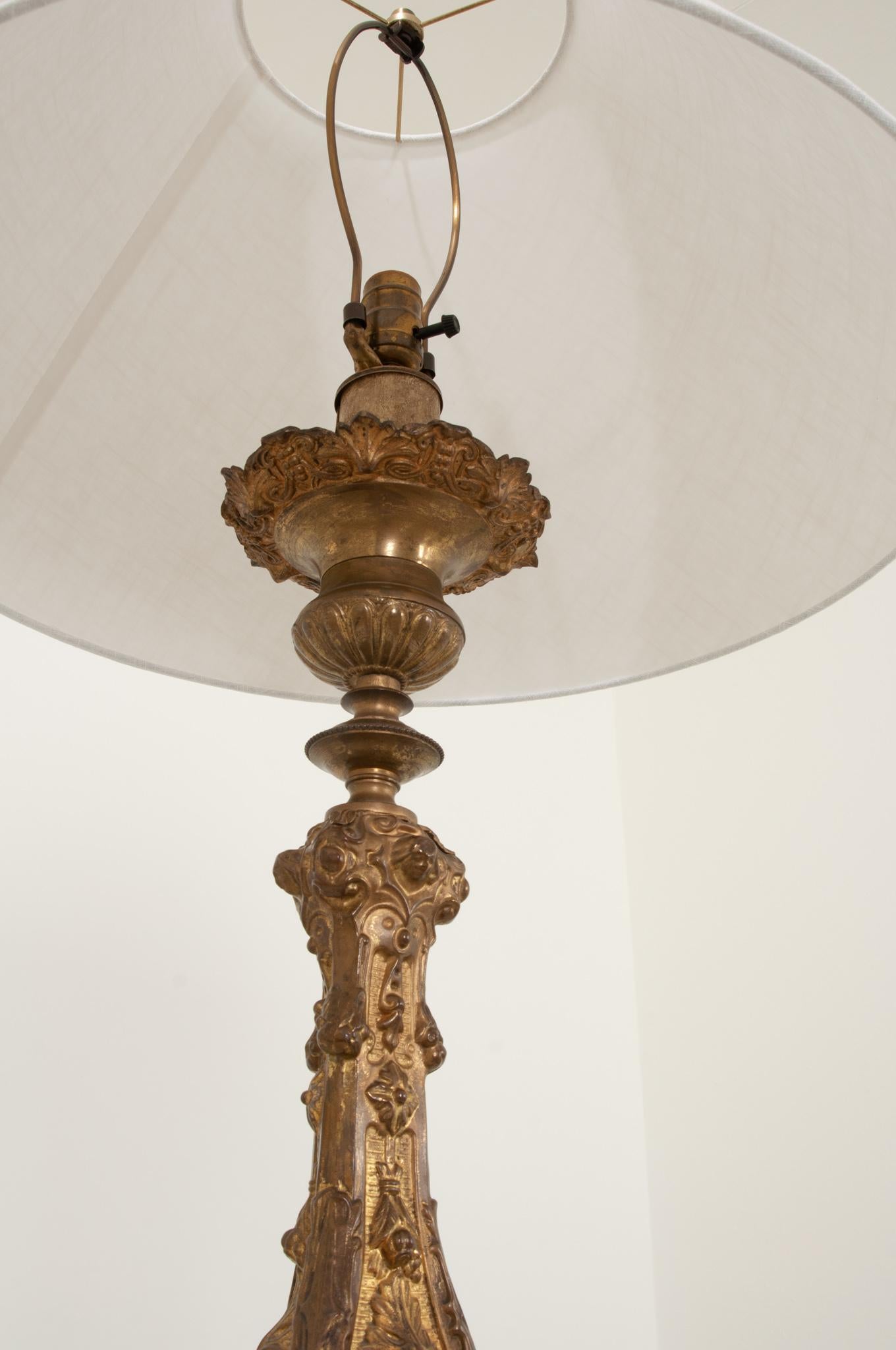 French 19th Century Brass Altar Candlestick Lamp and Shade For Sale 1