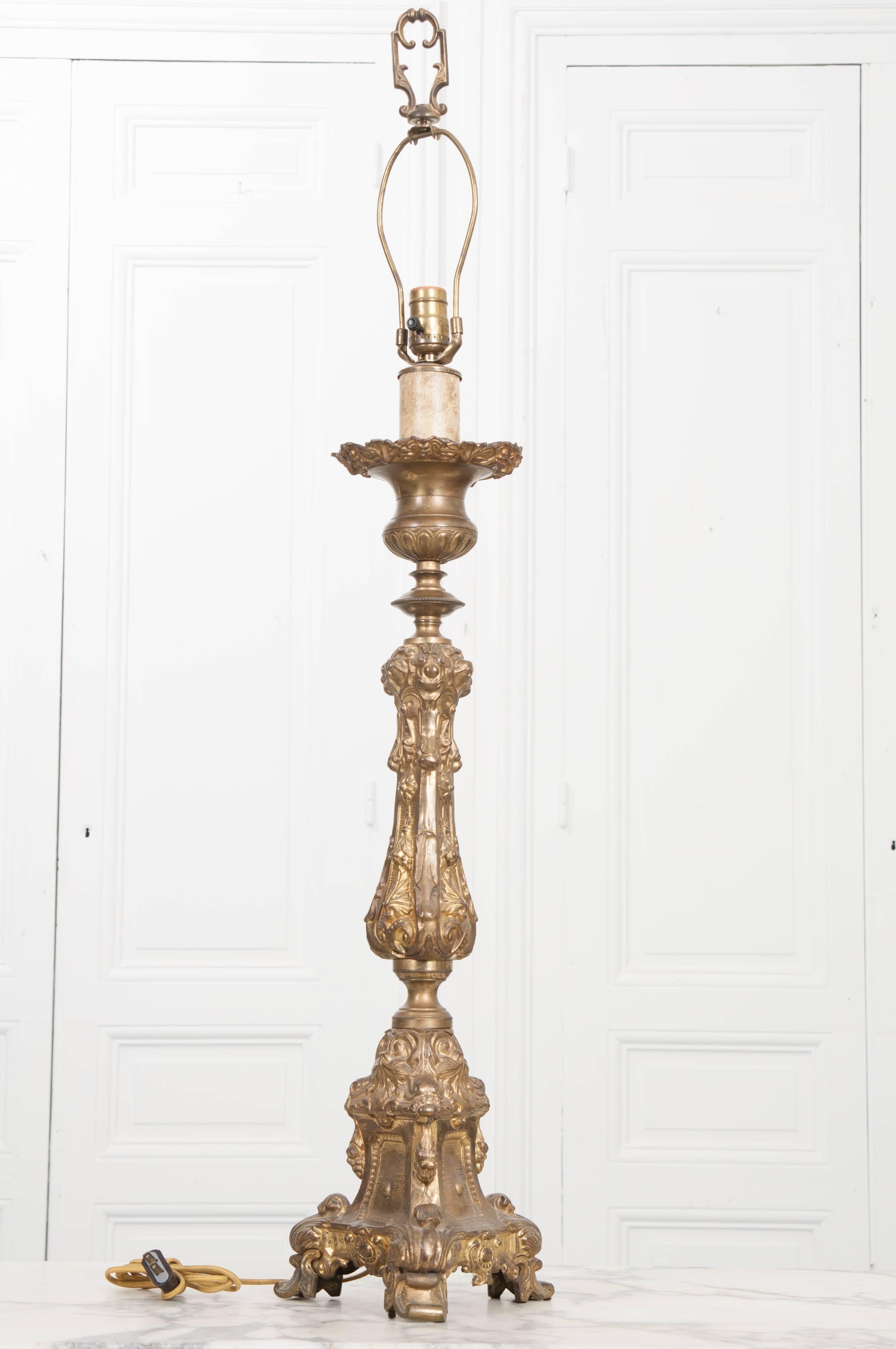 French 19th Century Brass Altar Candlestick Lamp In Good Condition In Baton Rouge, LA