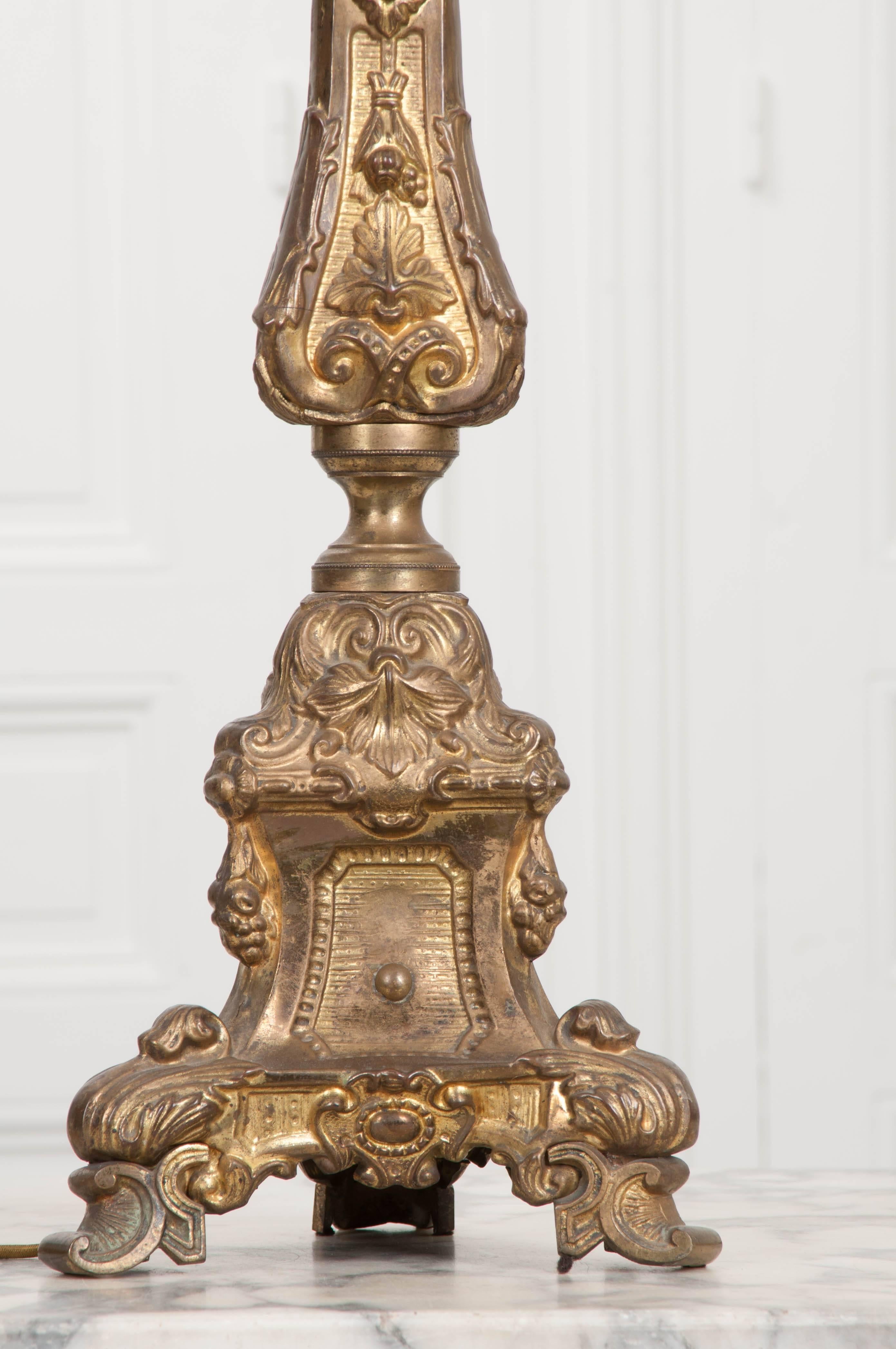 French 19th Century Brass Altar Candlestick Lamp 2