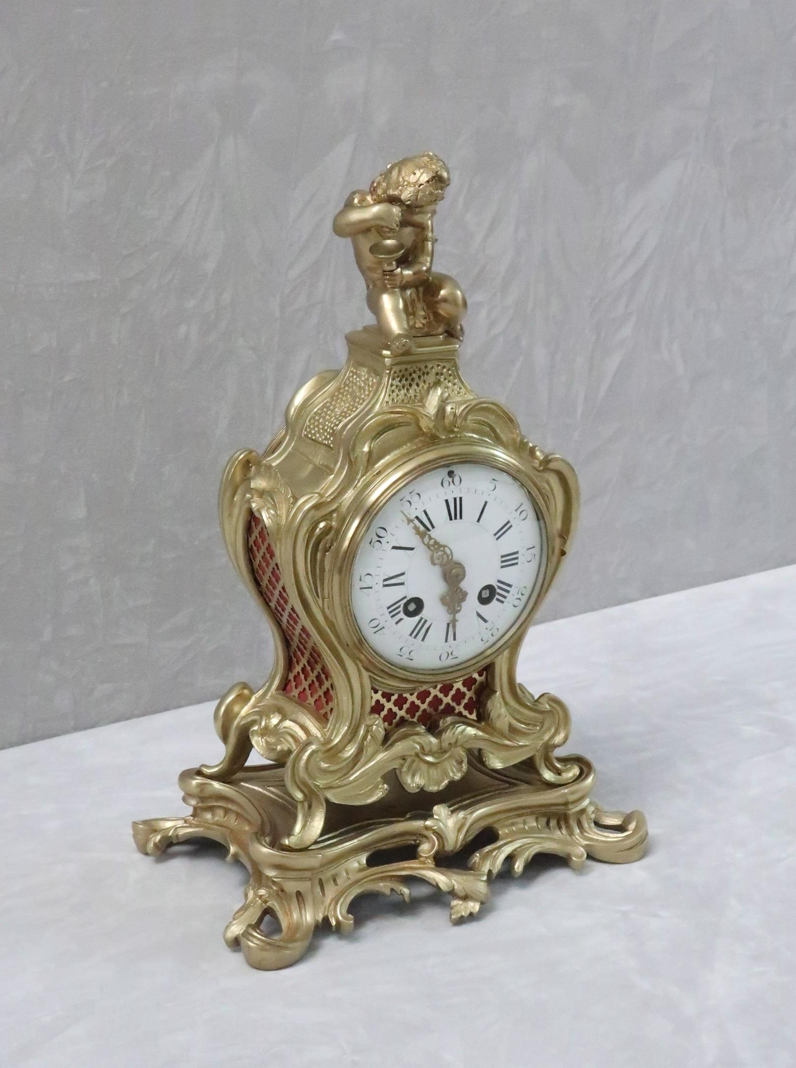 French 19th Century Brass and Gilt Rococo Style Mantel Clock by Samuel Marti For Sale 1
