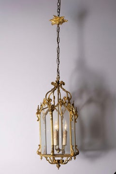 French 19th Century Brass and Glass Lantern with Hexagonal Body and Volutes