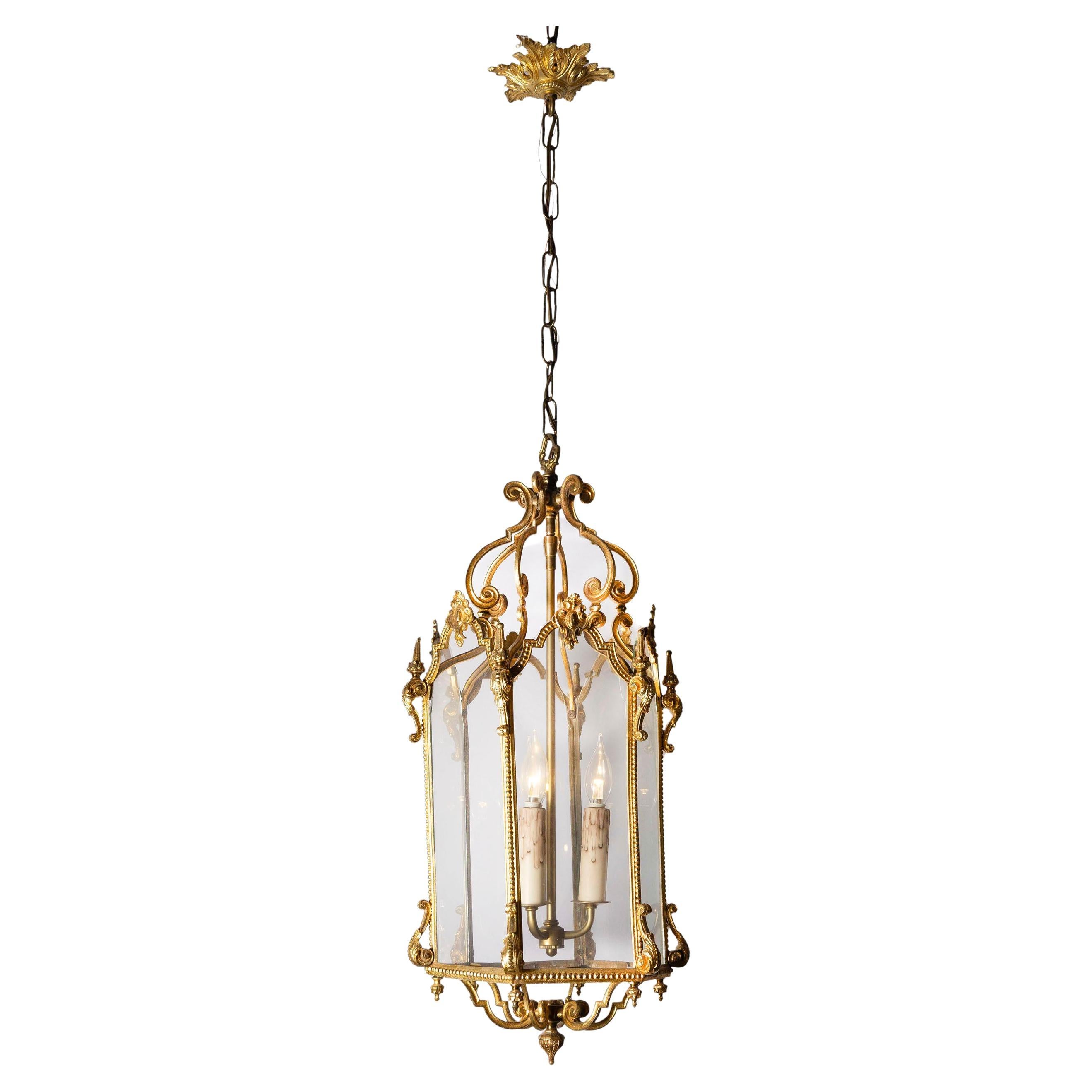 French 19th Century Brass and Glass Lantern with Hexagonal Body and Volutes