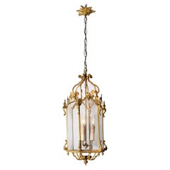 Antique French 19th Century Brass and Glass Lantern with Hexagonal Body and Volutes