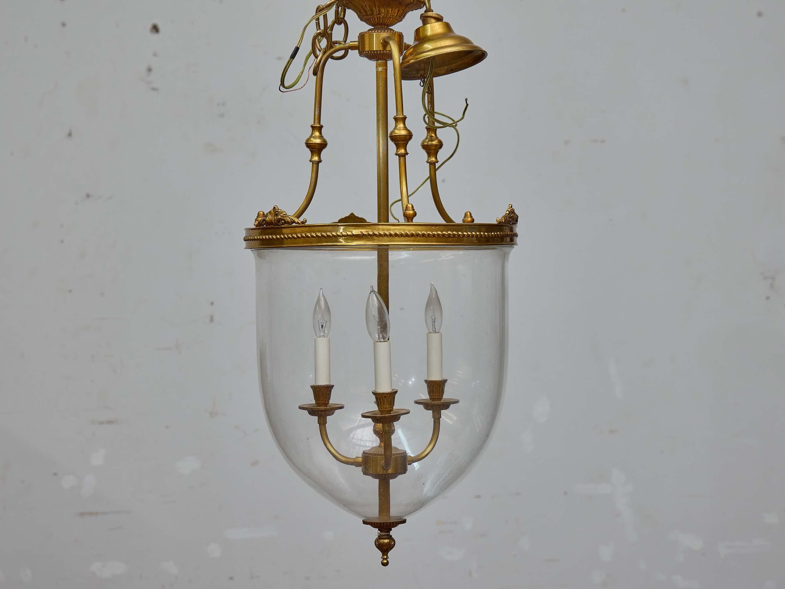 Neoclassical Revival French 19th Century Brass and Hand-Blown Glass Bell Jar Lantern - Three Lights For Sale