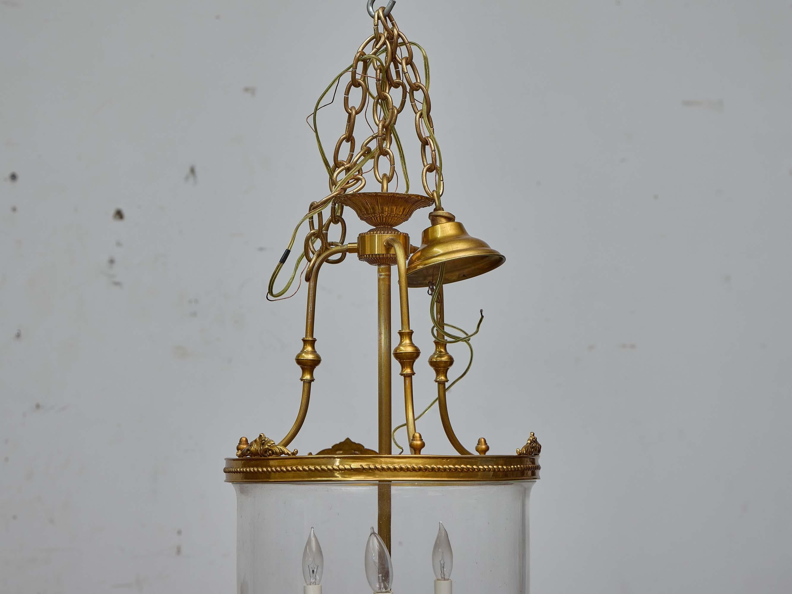 Gilt French 19th Century Brass and Hand-Blown Glass Bell Jar Lantern - Three Lights For Sale
