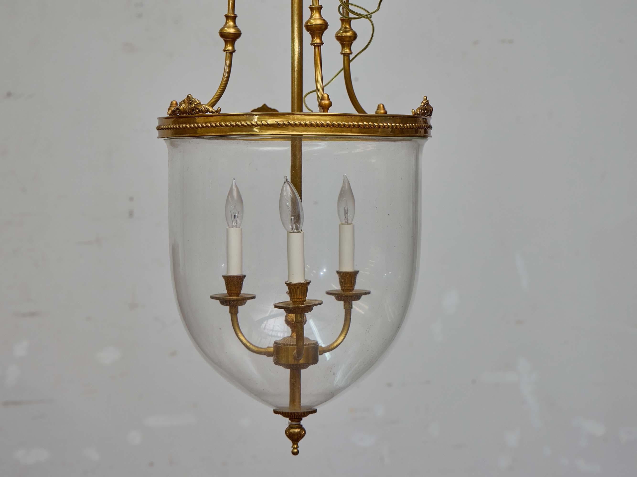 French 19th Century Brass and Hand-Blown Glass Bell Jar Lantern - Three Lights In Good Condition For Sale In Atlanta, GA