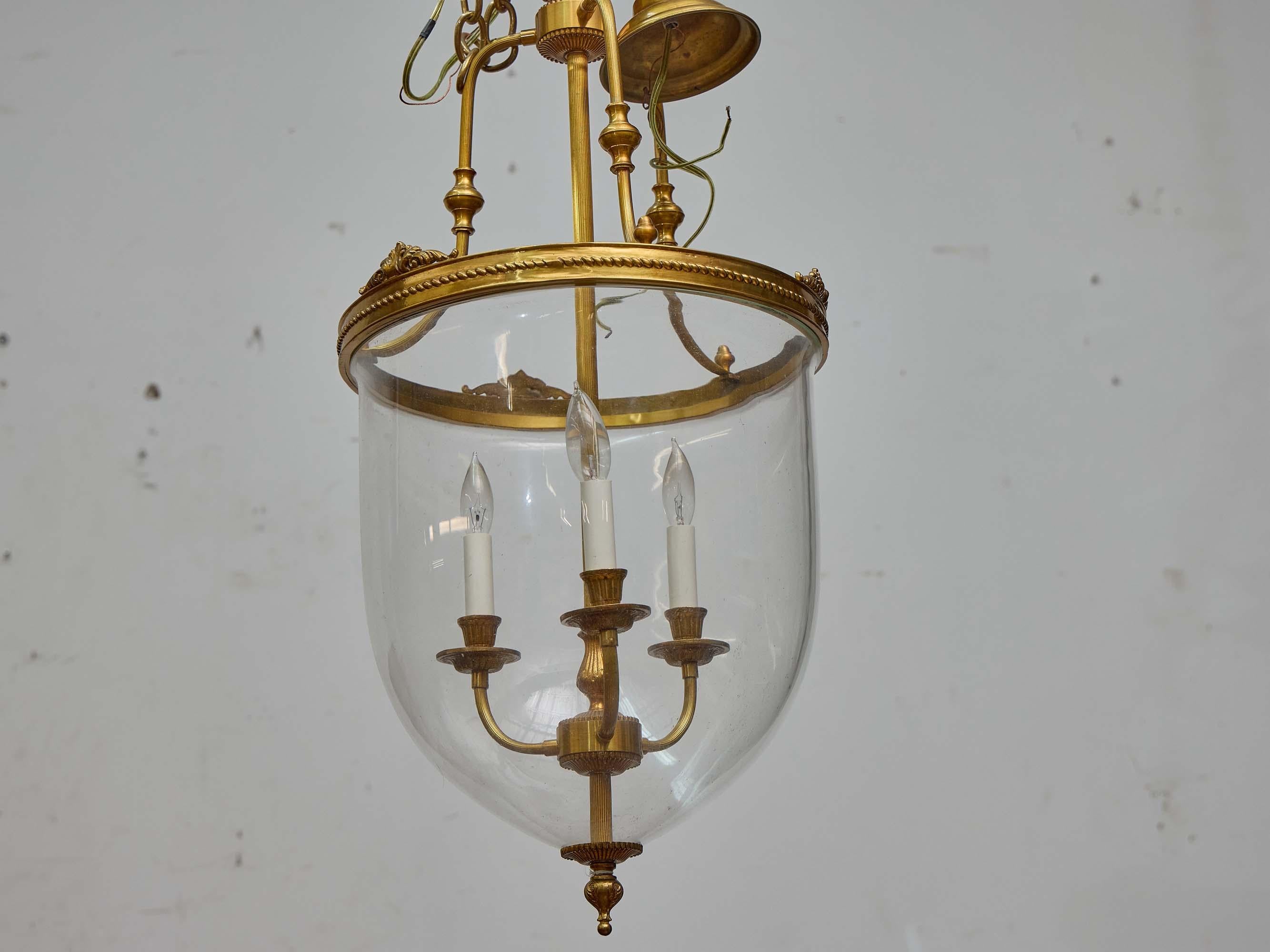 French 19th Century Brass and Hand-Blown Glass Bell Jar Lantern - Three Lights For Sale 1