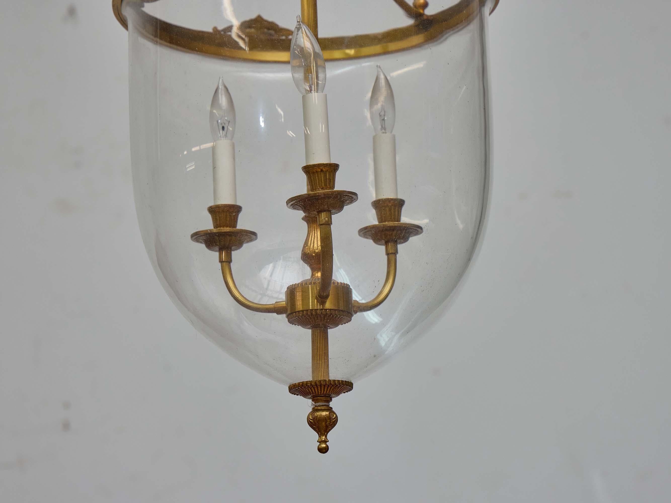 French 19th Century Brass and Hand-Blown Glass Bell Jar Lantern - Three Lights For Sale 2