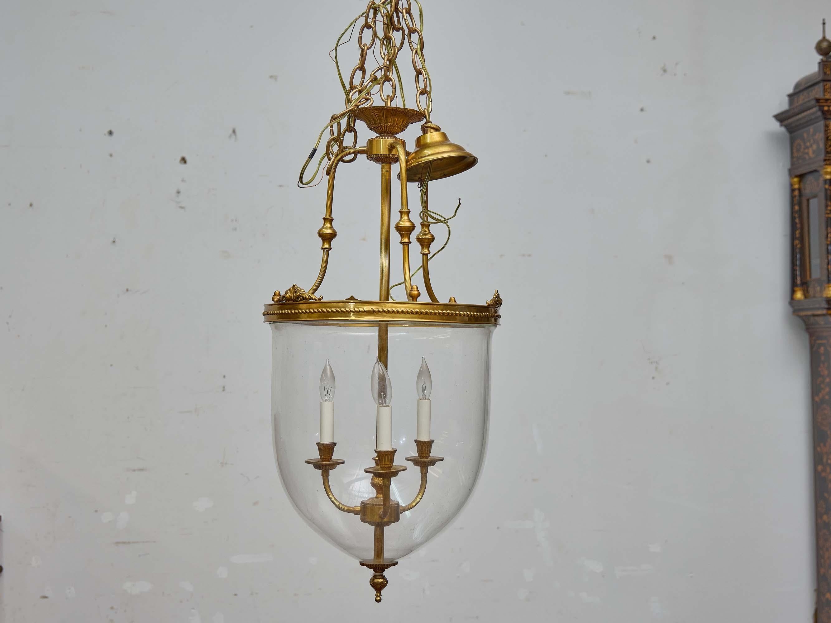 French 19th Century Brass and Hand-Blown Glass Bell Jar Lantern - Three Lights For Sale 4