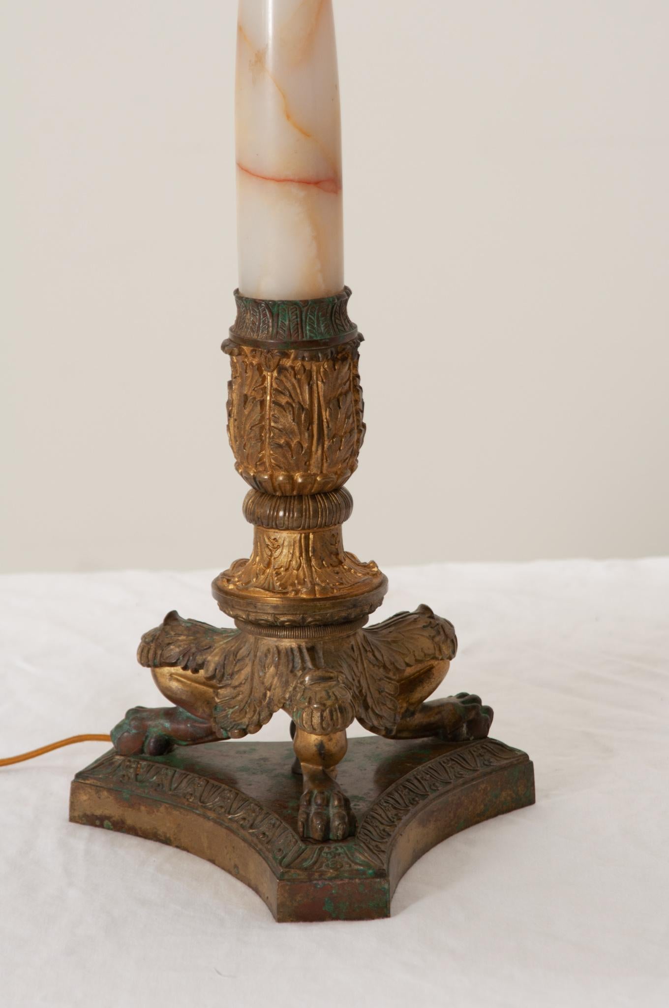 Empire French 19th Century Brass and Onyx Single Lamp For Sale