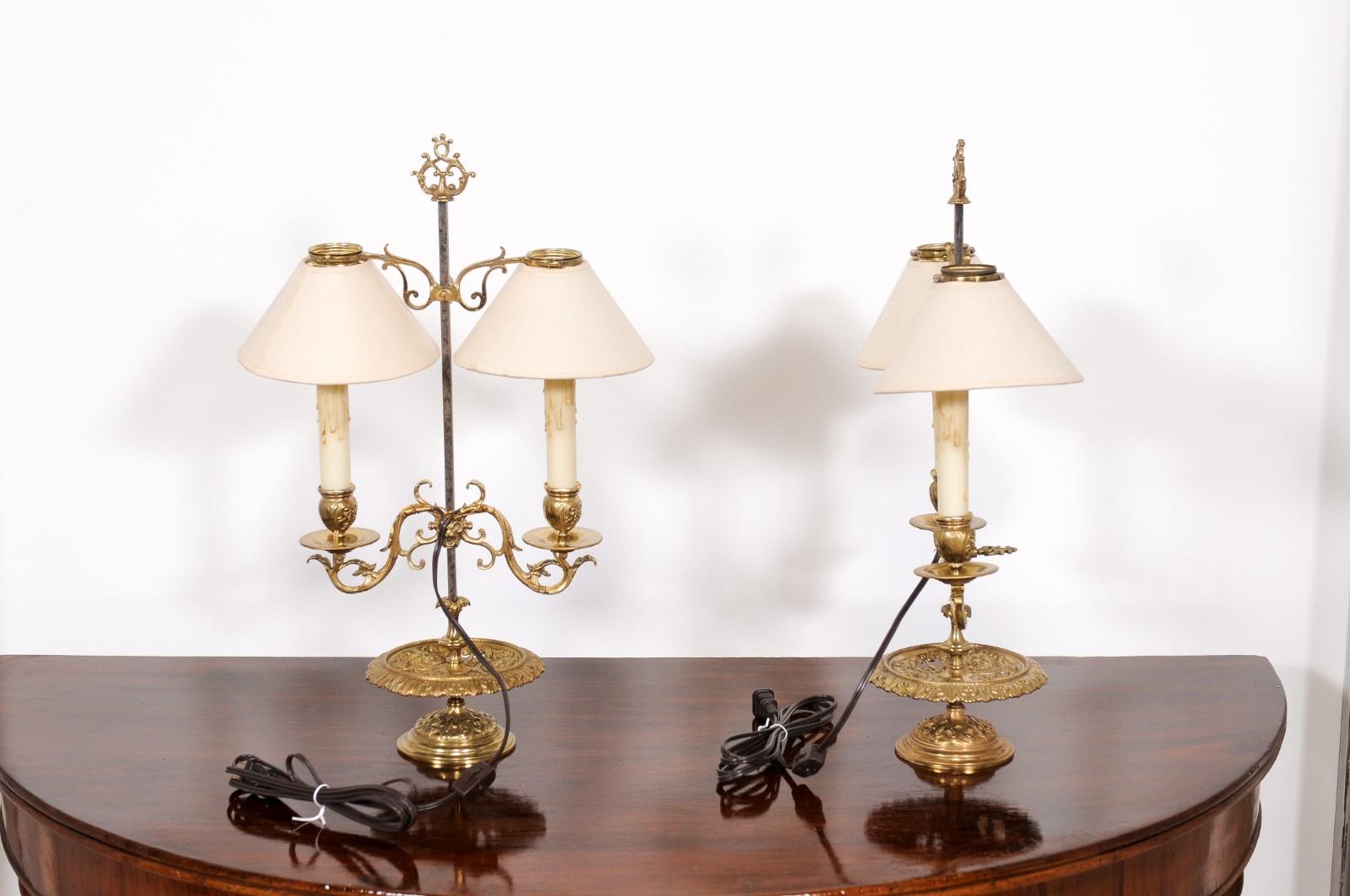 French 19th Century Brass Candlestick Lamps with Scrolling Arms, a Wired Pair For Sale 7