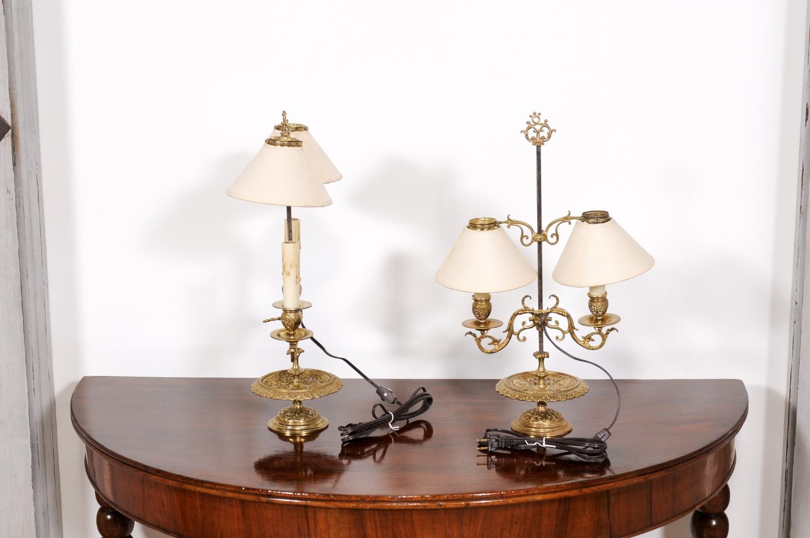 French 19th Century Brass Candlestick Lamps with Scrolling Arms, a Wired Pair For Sale 8
