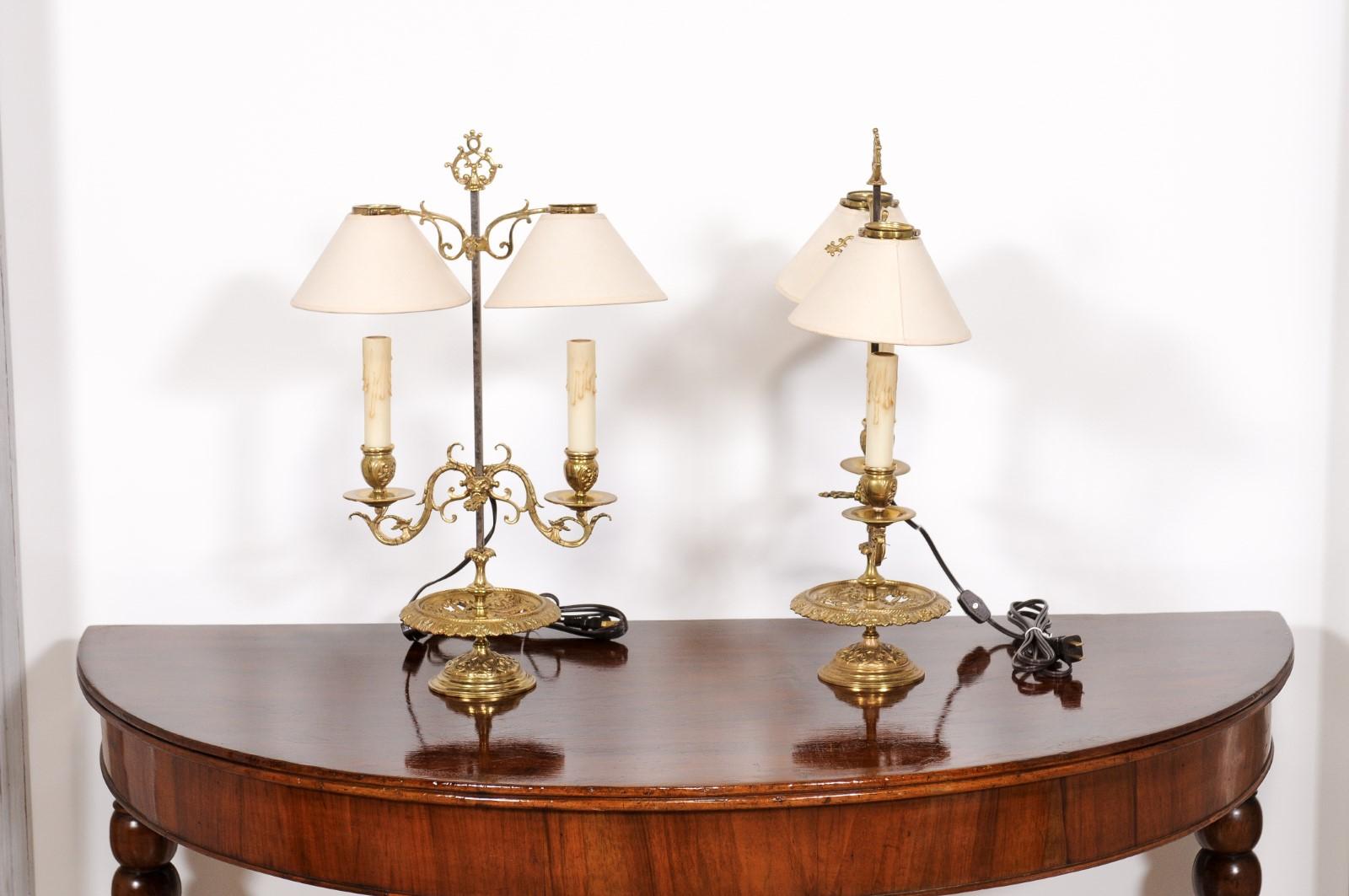 French 19th Century Brass Candlestick Lamps with Scrolling Arms, a Wired Pair For Sale 10
