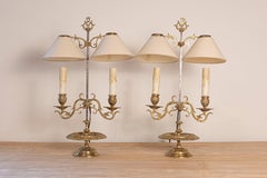 French 19th Century Brass Candlestick Lamps with Scrolling Arms, a Wired Pair