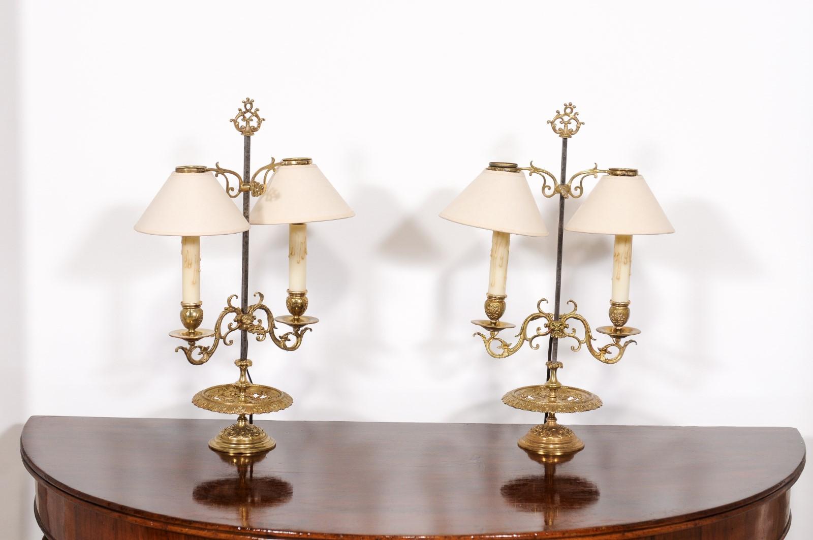 French 19th Century Brass Candlestick Lamps with Scrolling Arms, a Wired Pair In Good Condition For Sale In Atlanta, GA