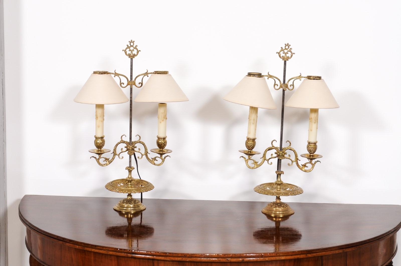 French 19th Century Brass Candlestick Lamps with Scrolling Arms, a Wired Pair For Sale 1