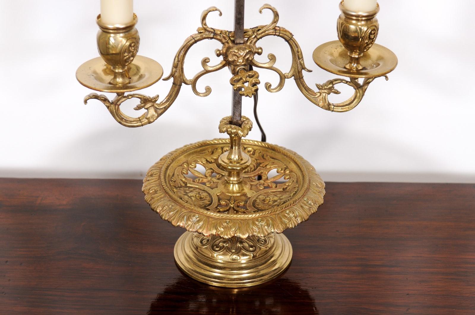French 19th Century Brass Candlestick Lamps with Scrolling Arms, a Wired Pair For Sale 2
